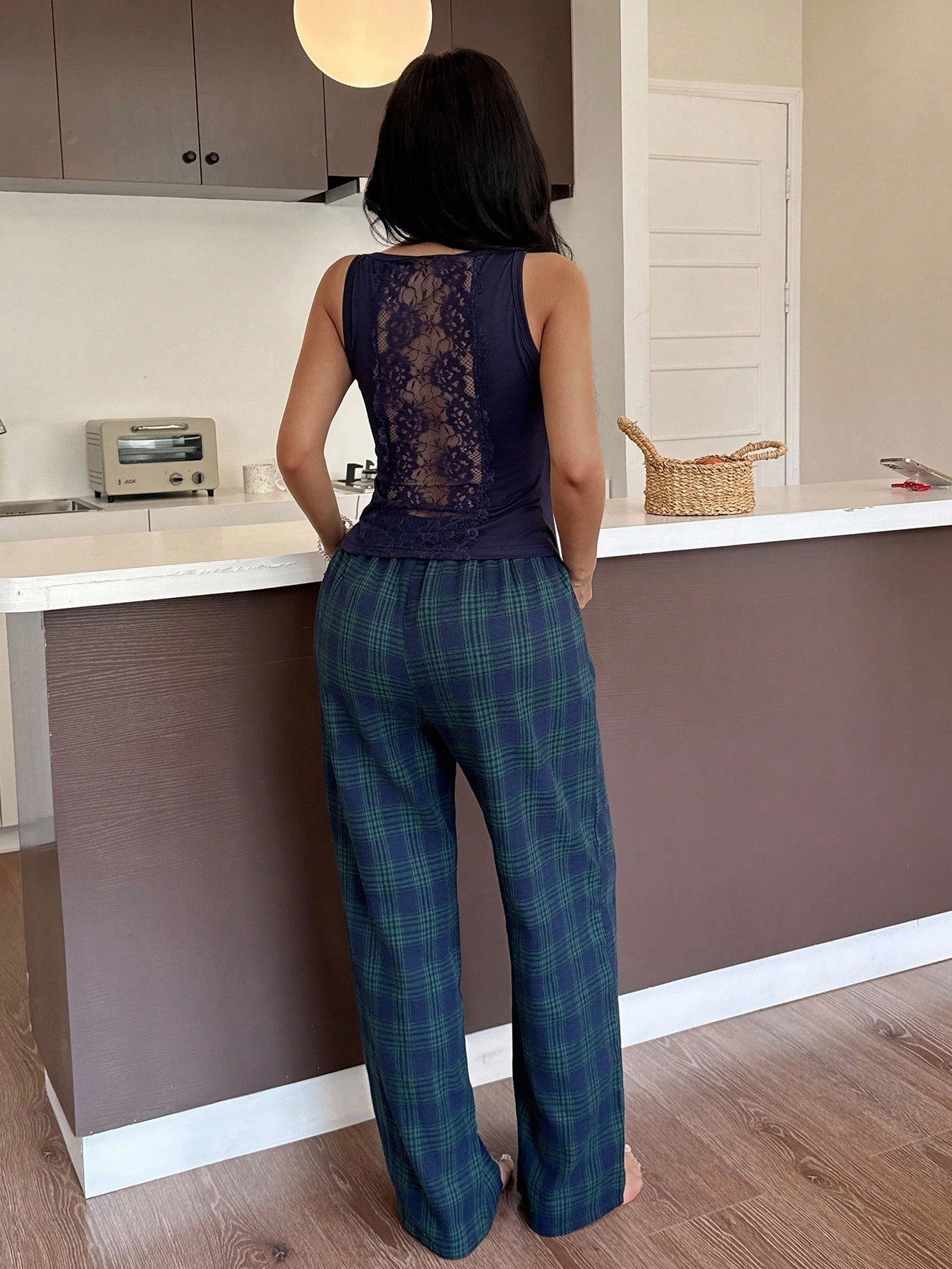 Women Casual Backless Contrast Lace Slim Spaghetti Strap Plaid Pants Pajama Set