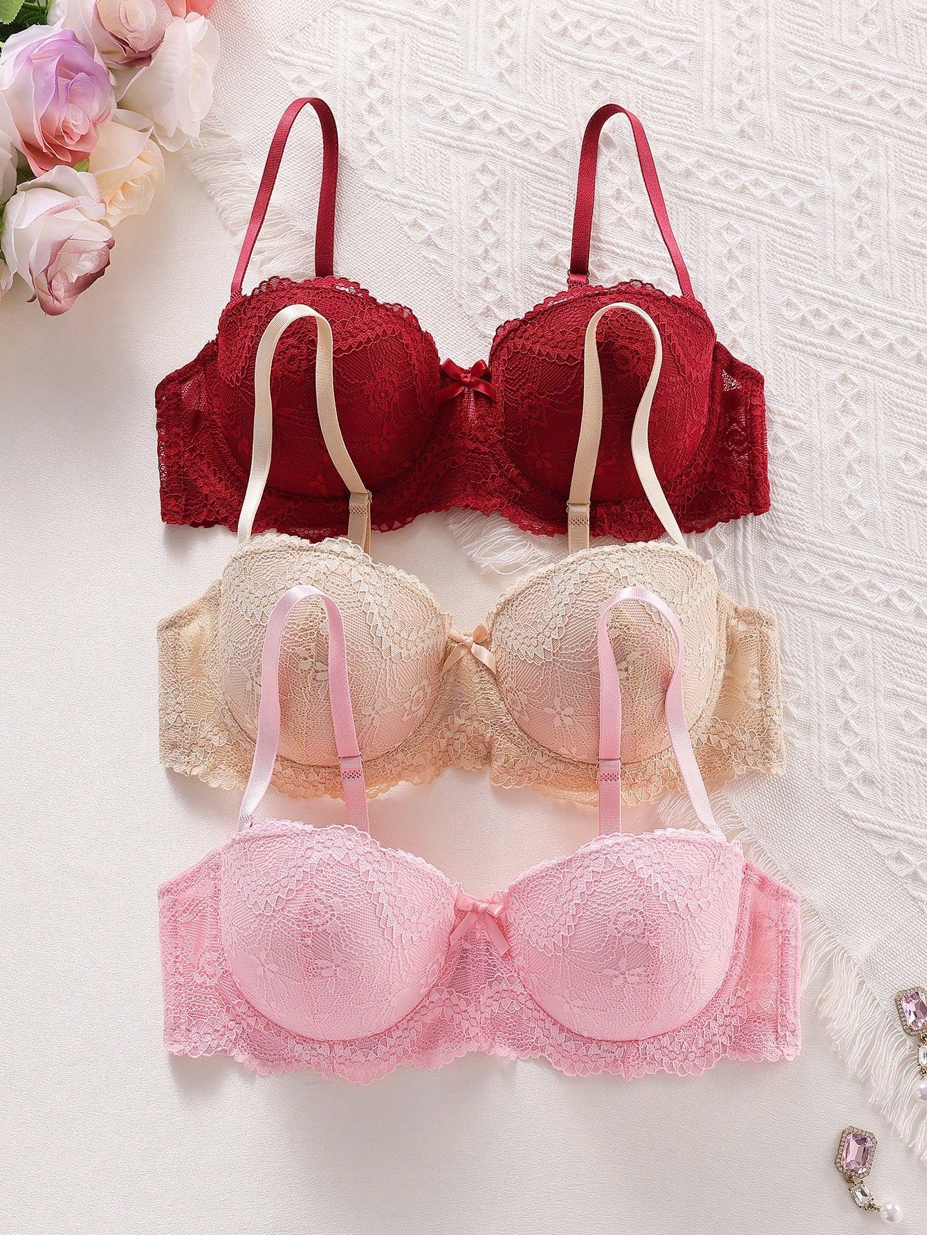 Women Lace Trim Wire-Free Push Up Bra With Non-Removable Pads Multicolor 7