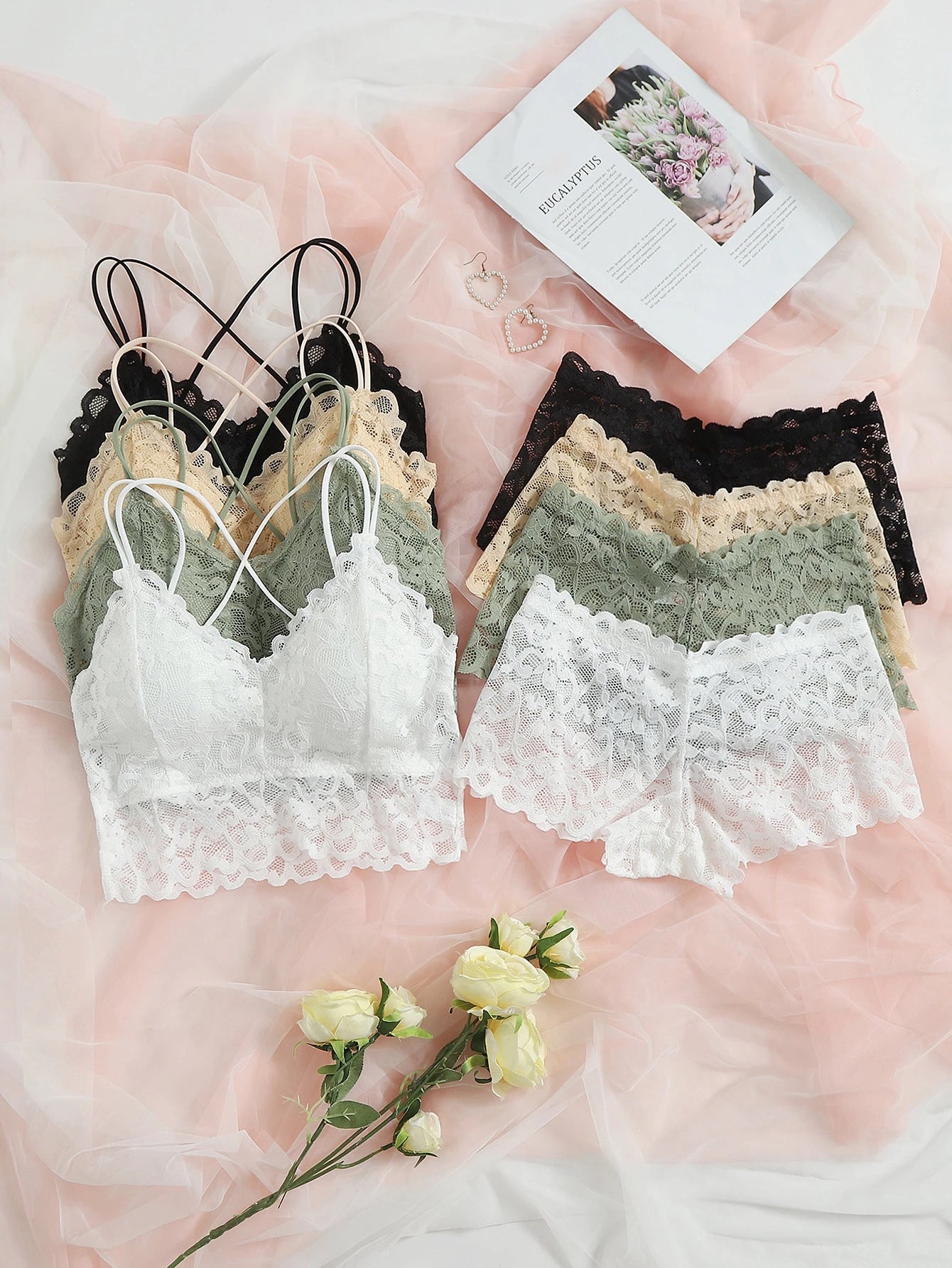4sets Floral Lace Bra & Boyshorts Lingerie Set