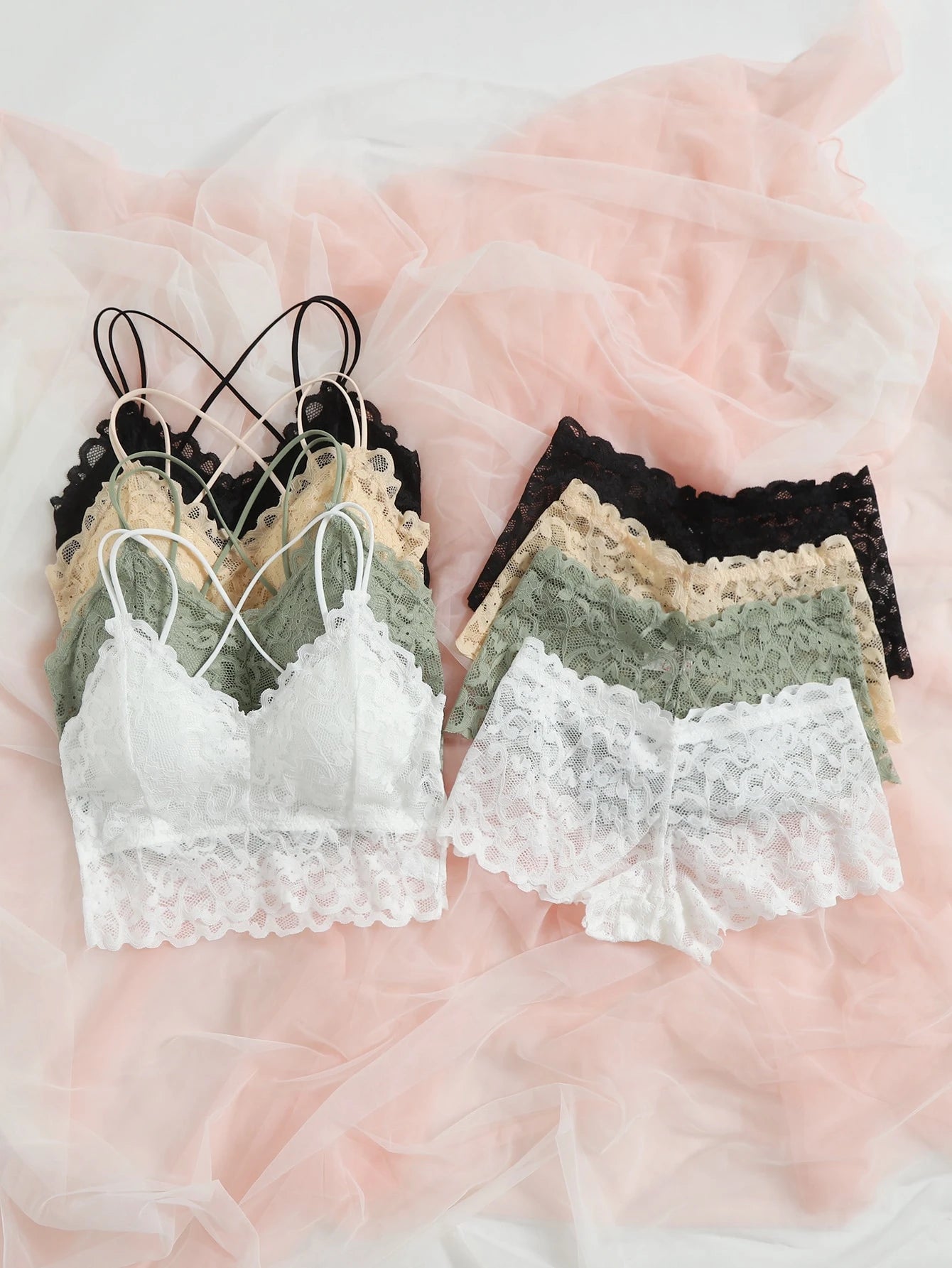 4sets Floral Lace Bra & Boyshorts Lingerie Set