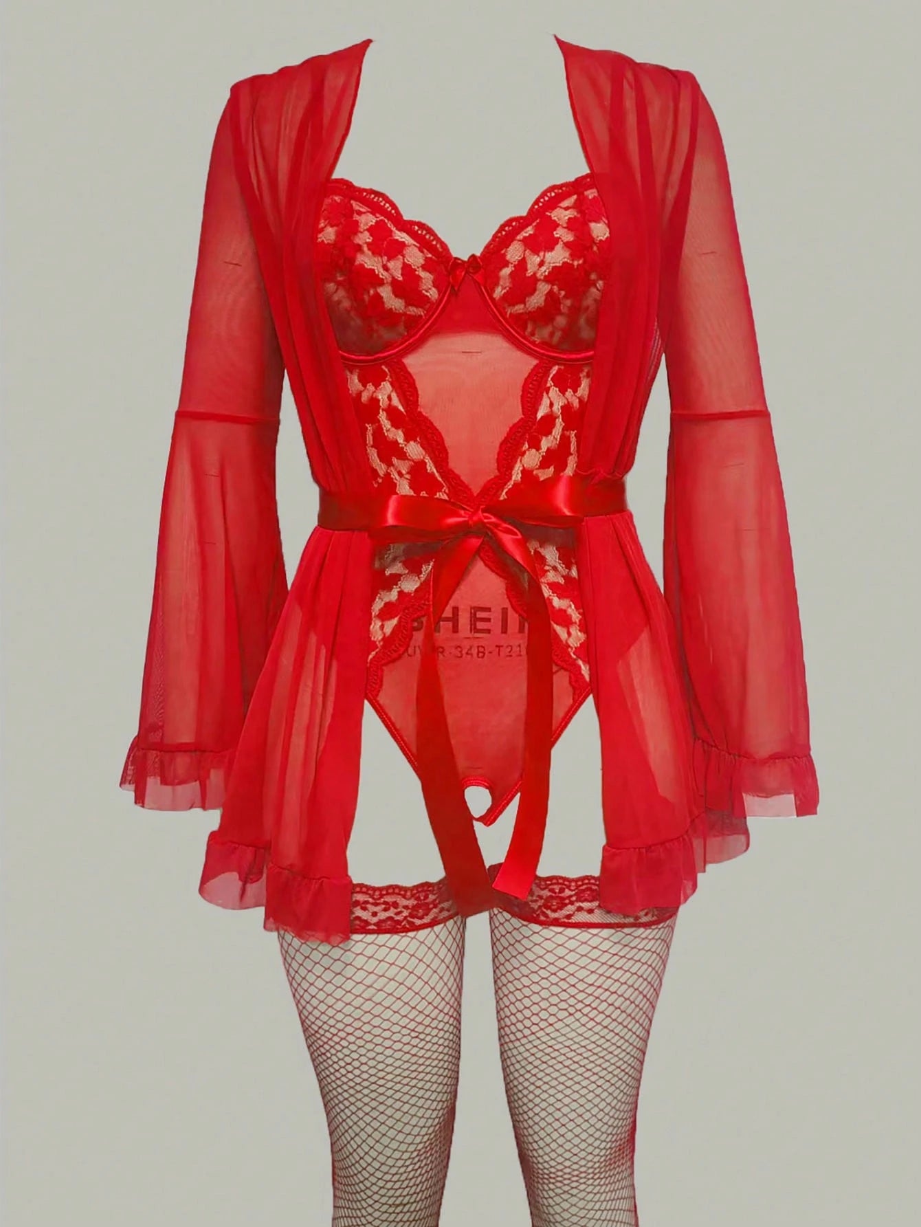 5pcs Set: Sexy Slit Bodysuit + Robe + Belt + 1 Pair Stockings