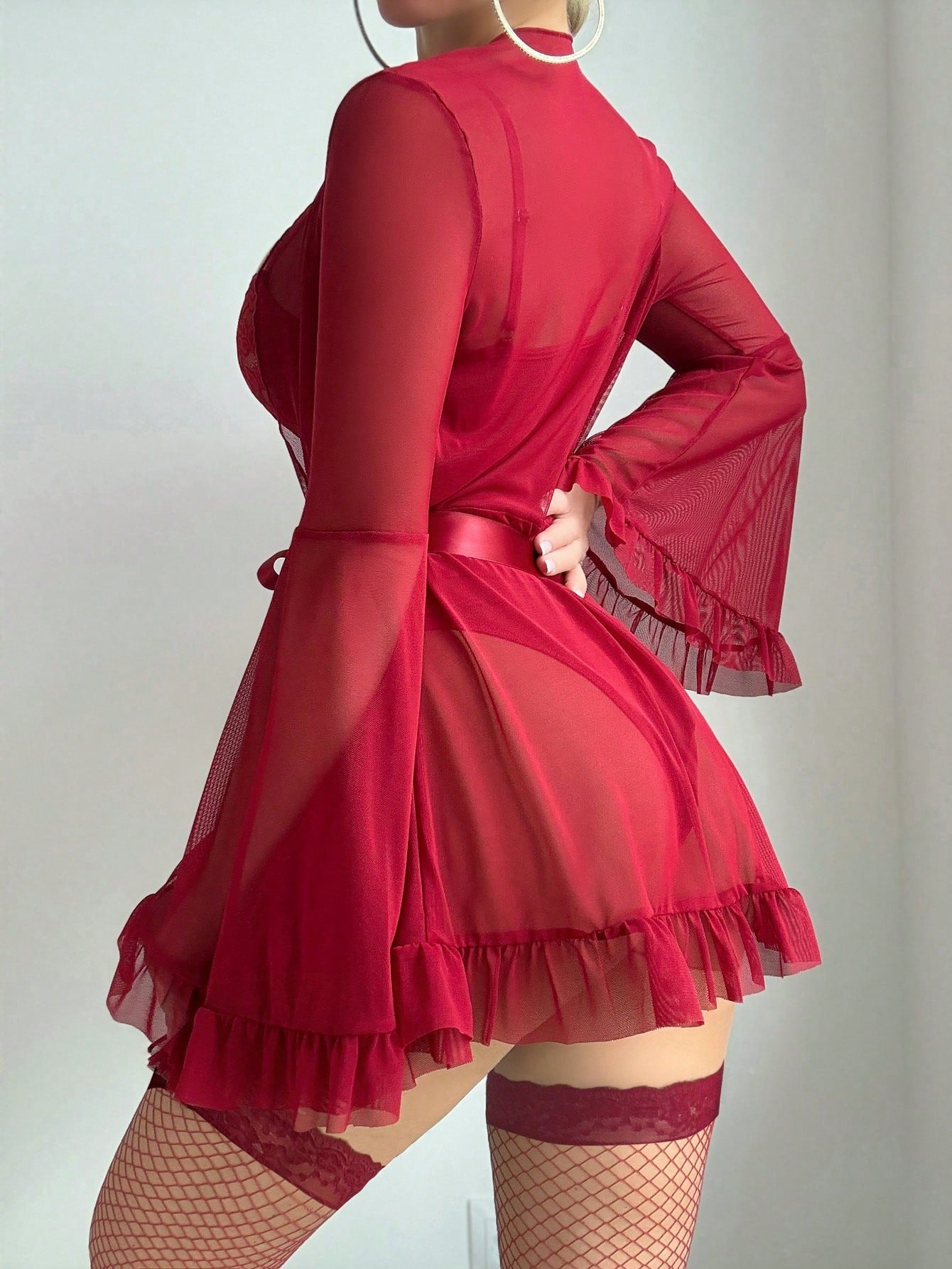 5pcs Set: Sexy Slit Bodysuit + Robe + Belt + 1 Pair Stockings