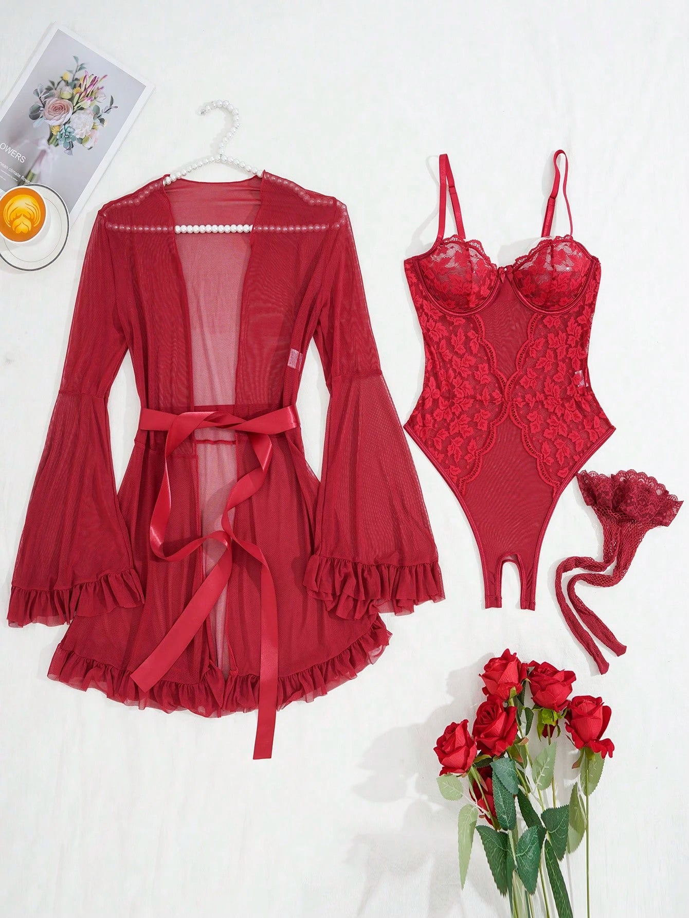 5pcs Set: Sexy Slit Bodysuit + Robe + Belt + 1 Pair Stockings
