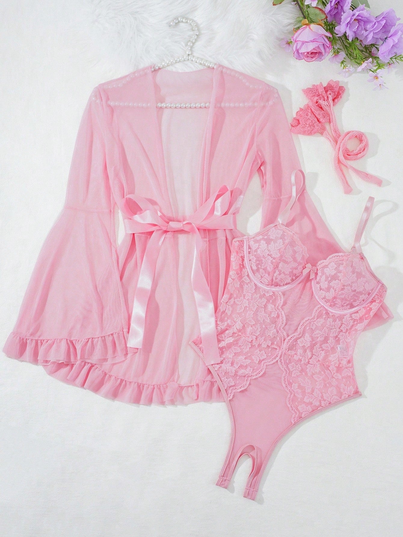 5pcs Set: Sexy Slit Bodysuit + Robe + Belt + 1 Pair Stockings
