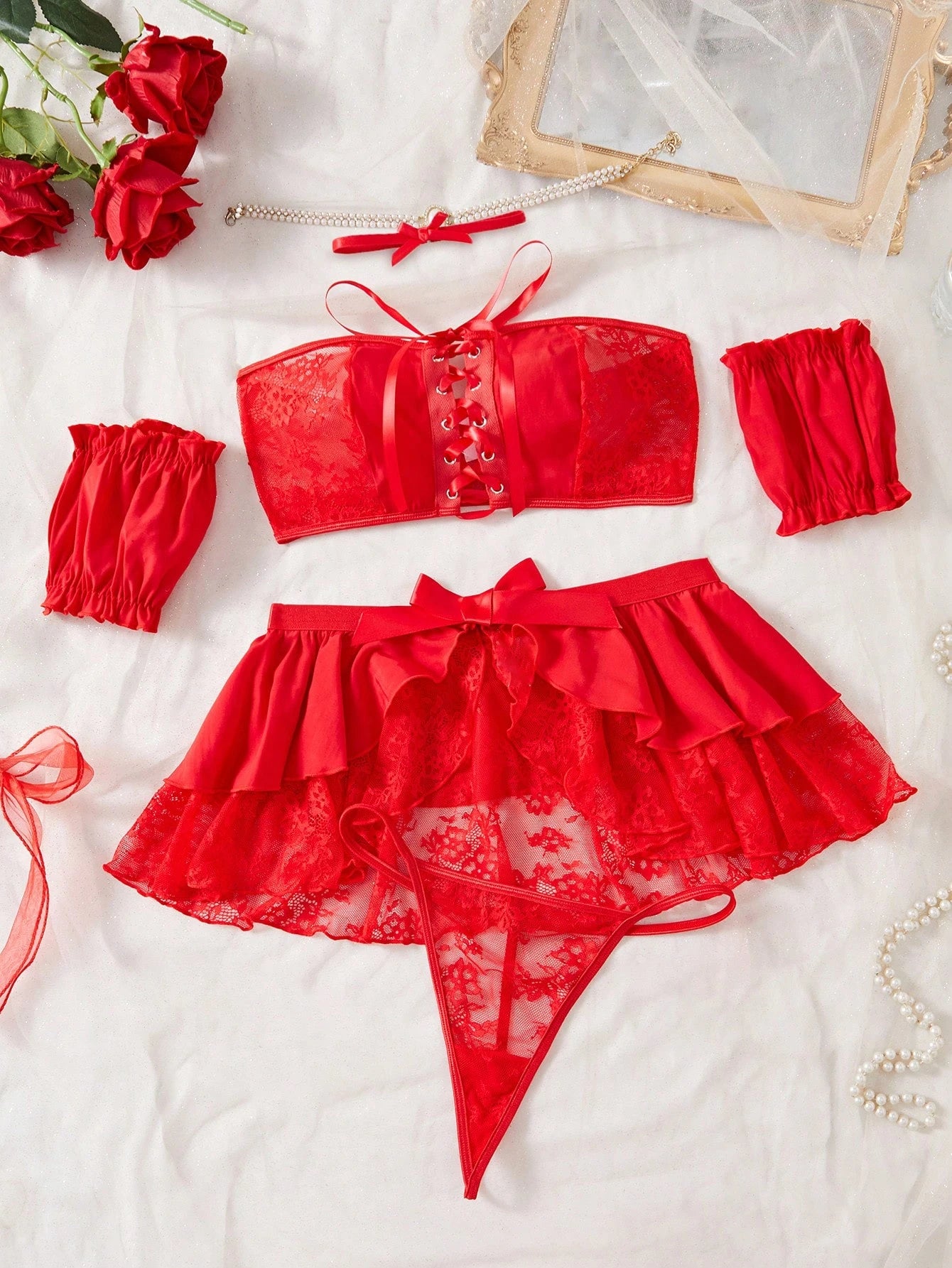 Classic Sexy 6pcs/Set Sexy Lace Paneled Grommet Strap Women's Lingerie Set