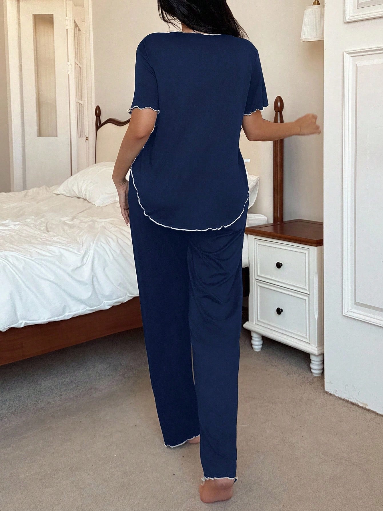 Casual Style Women Pajama Set With Contrast Trim