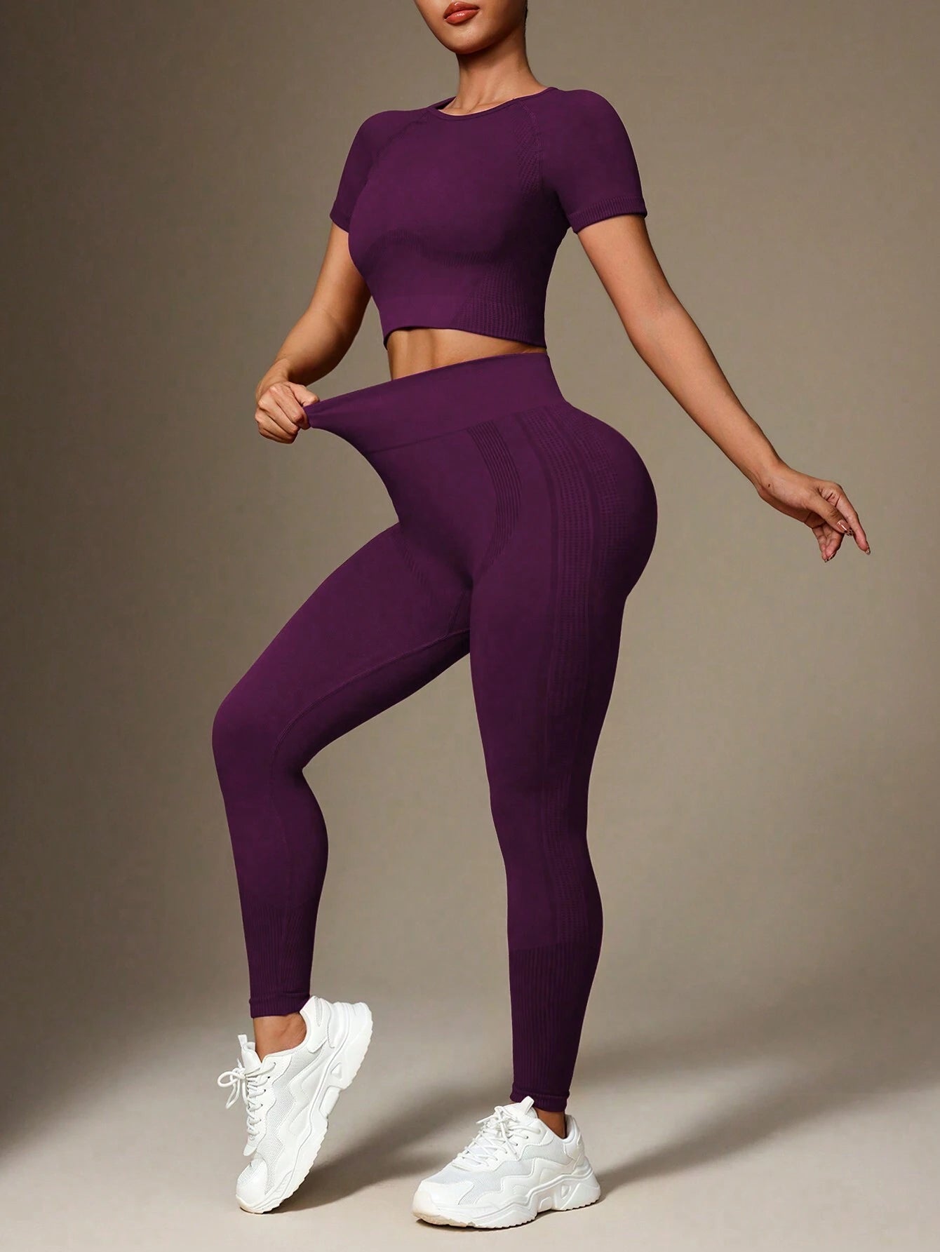 Solid Color Crew Neck Short Sleeve Top And Stretchy Seamless Long Pants