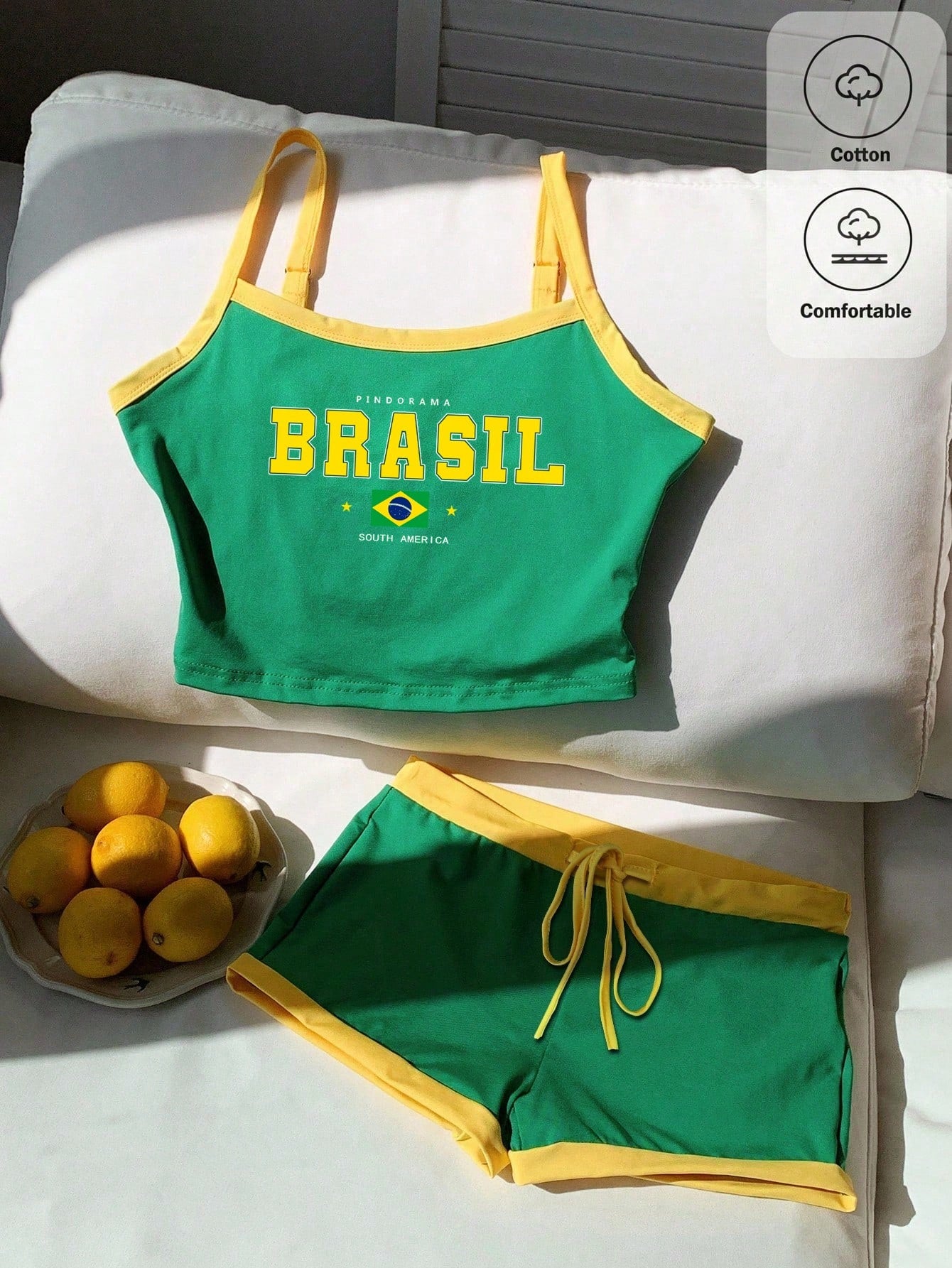 Comfortcana Brazil Flag & Letter Print Cropped Camisole Top And Shorts