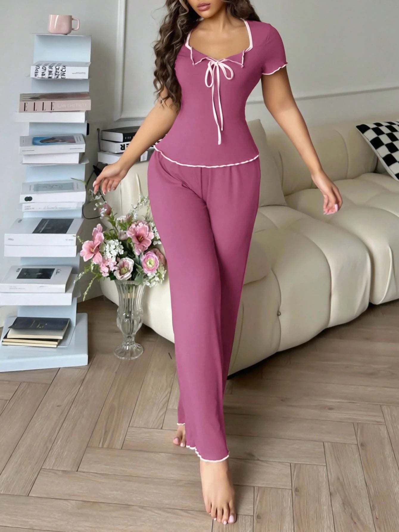 Casual Contrast Color Short Sleeve Top & Pants