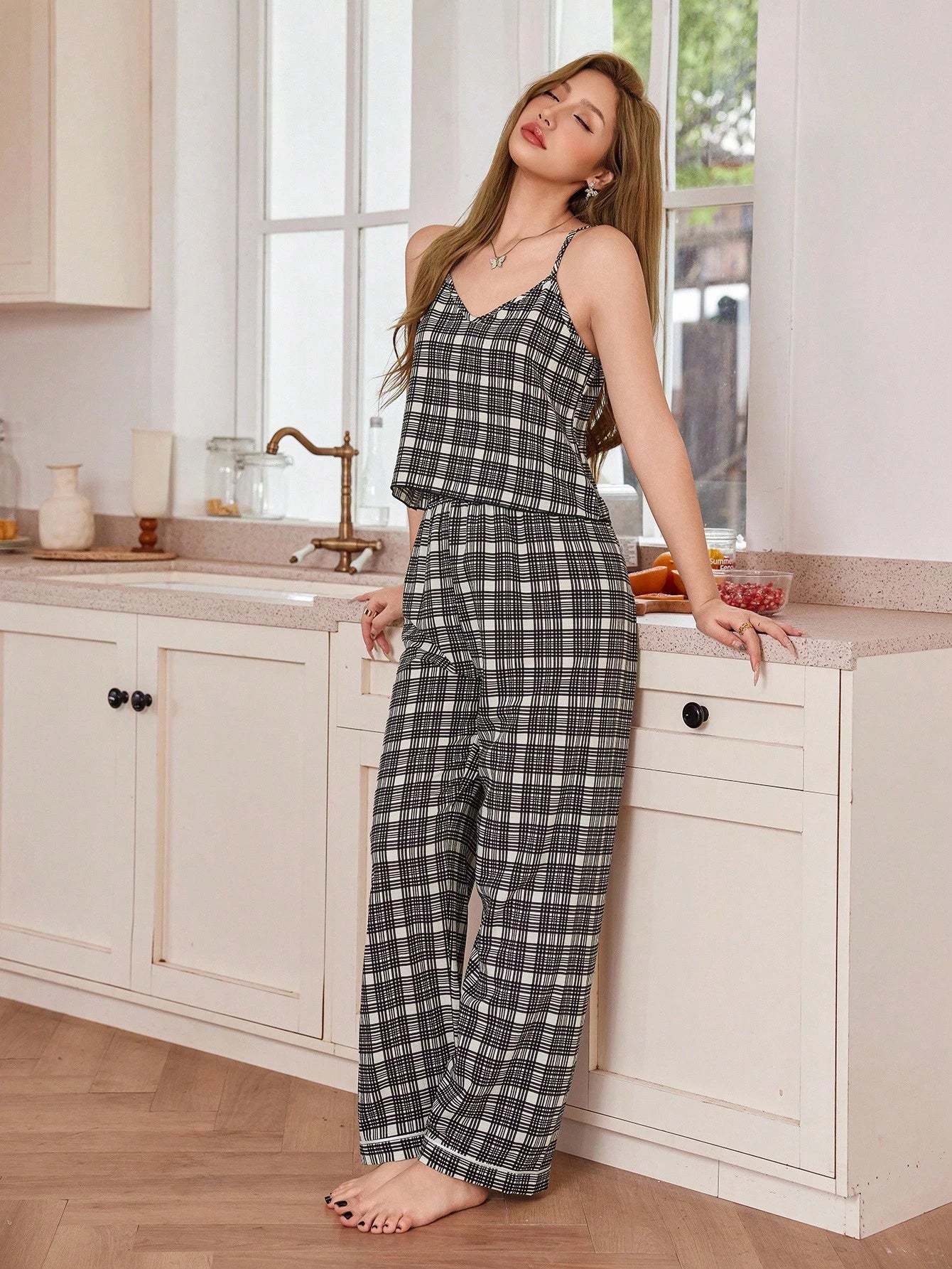 Elegant Plaid Print V-Neck Camisole & Pants