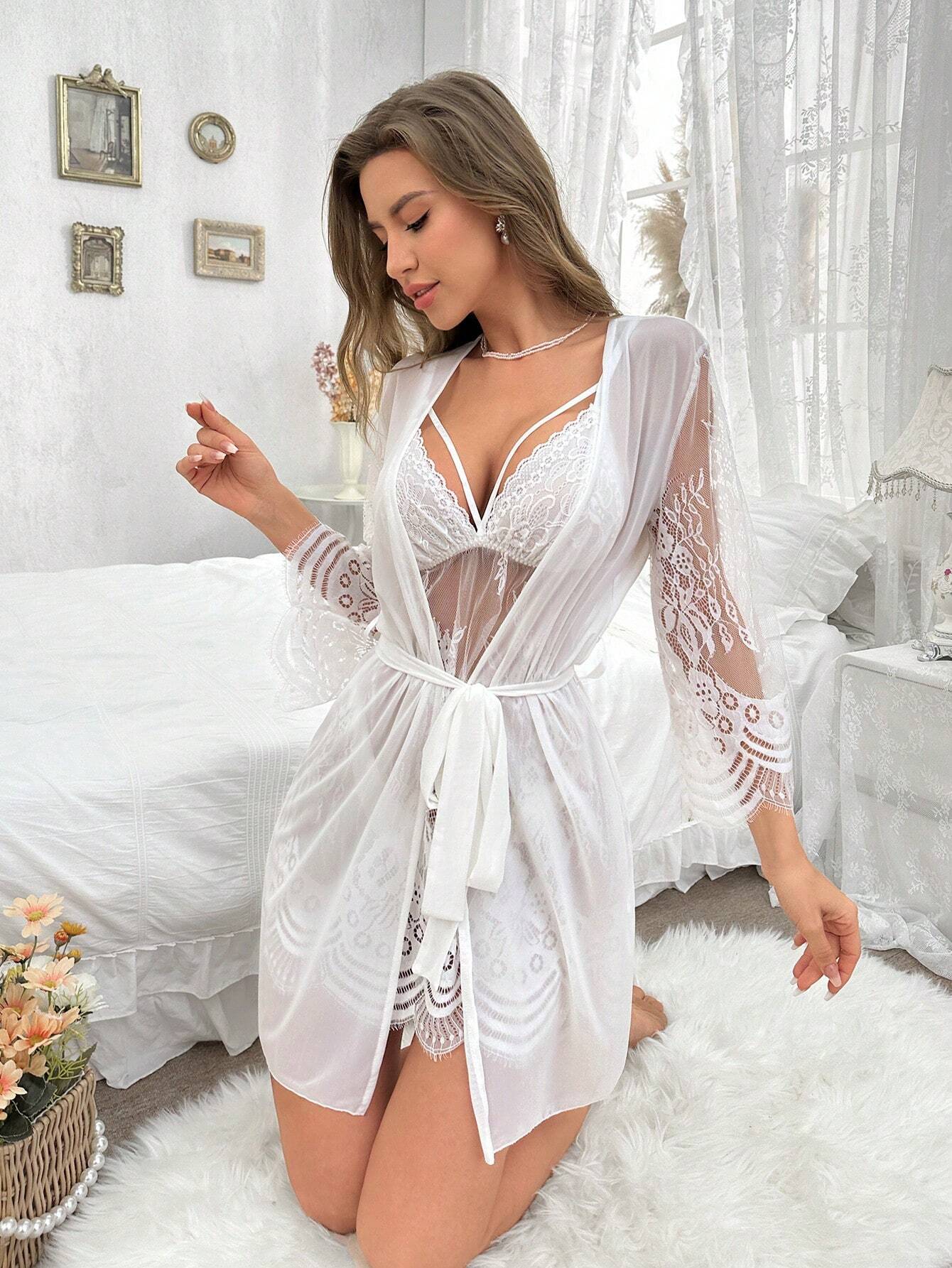 Sexy Minimalist Sexy Lace Mesh Robe And Cami Set With Sheer Detail