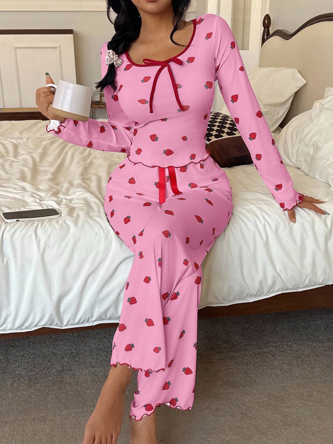 Strawberry Print Long Sleeve Top & Pants Pajama Set