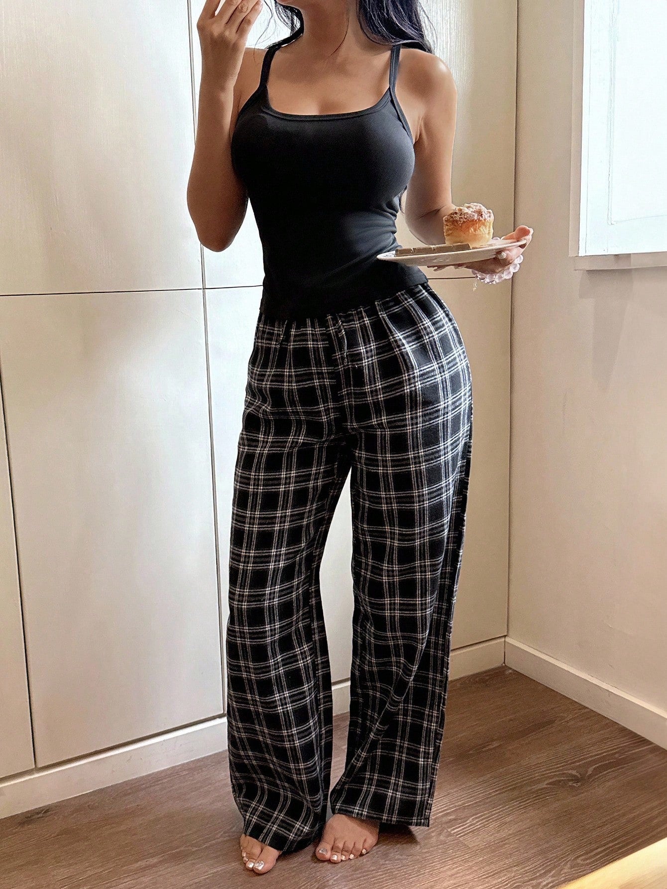 Women Casual Backless Contrast Lace Slim Spaghetti Strap Plaid Pants Pajama Set