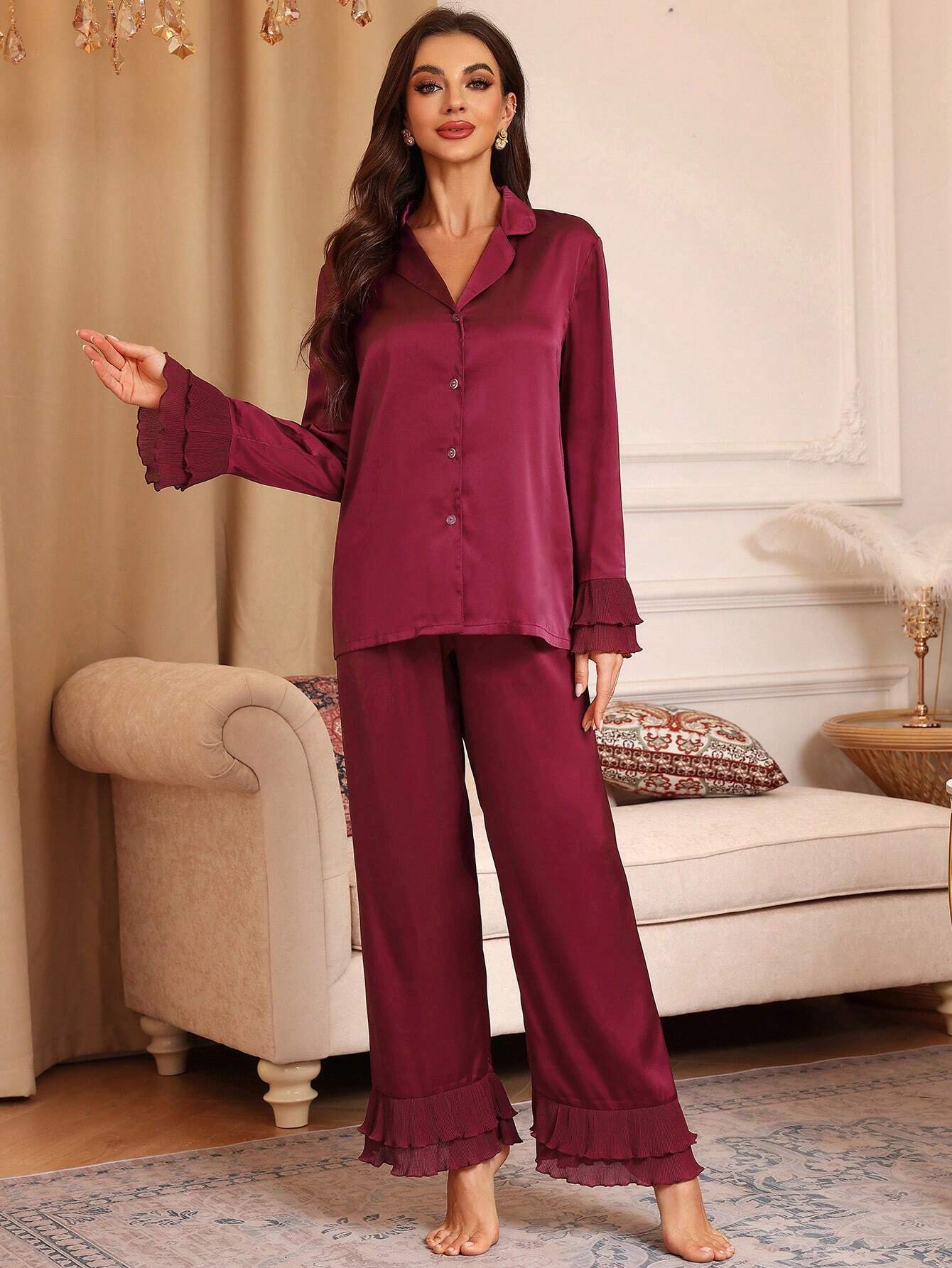 Flounce Sleeve Satin PJ Set