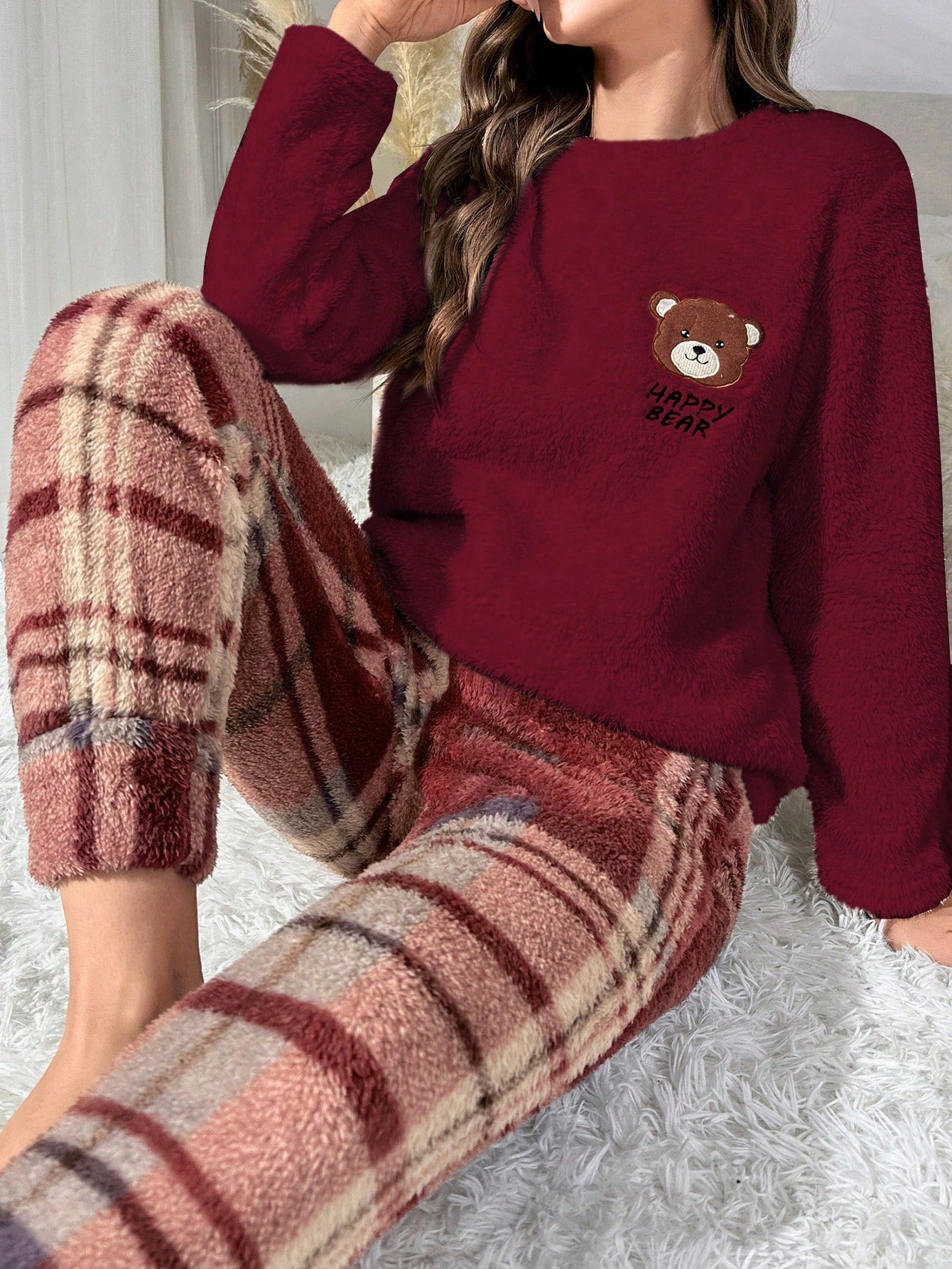 Women's Cartoon Bear Embroidery Crew Neck Long Sleeve Top And Patch Fleece Pants