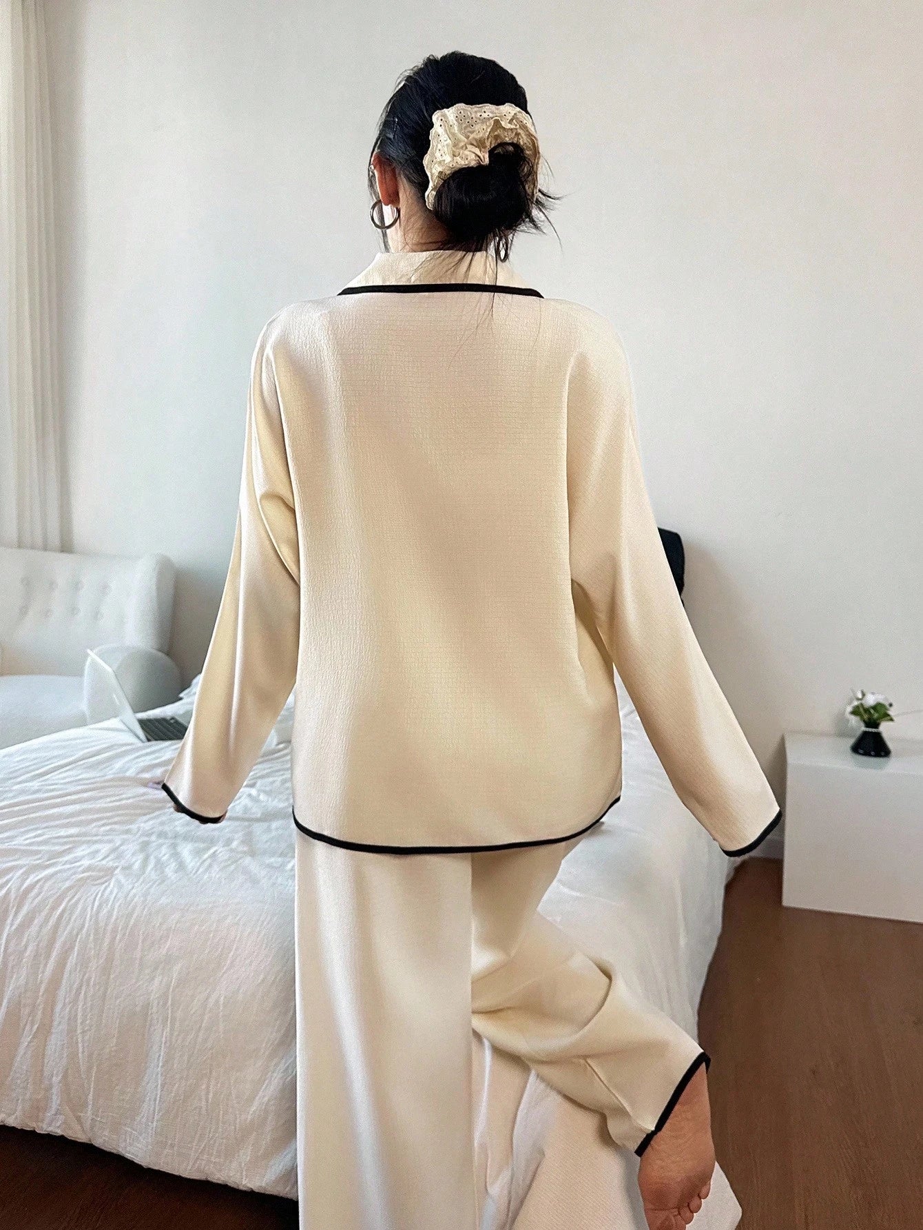 Contrast Trim Lapel Loose Long Sleeve Pajama Set