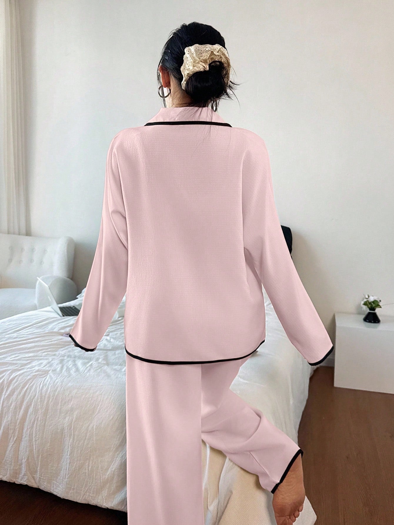 Contrast Trim Lapel Loose Long Sleeve Pajama Set