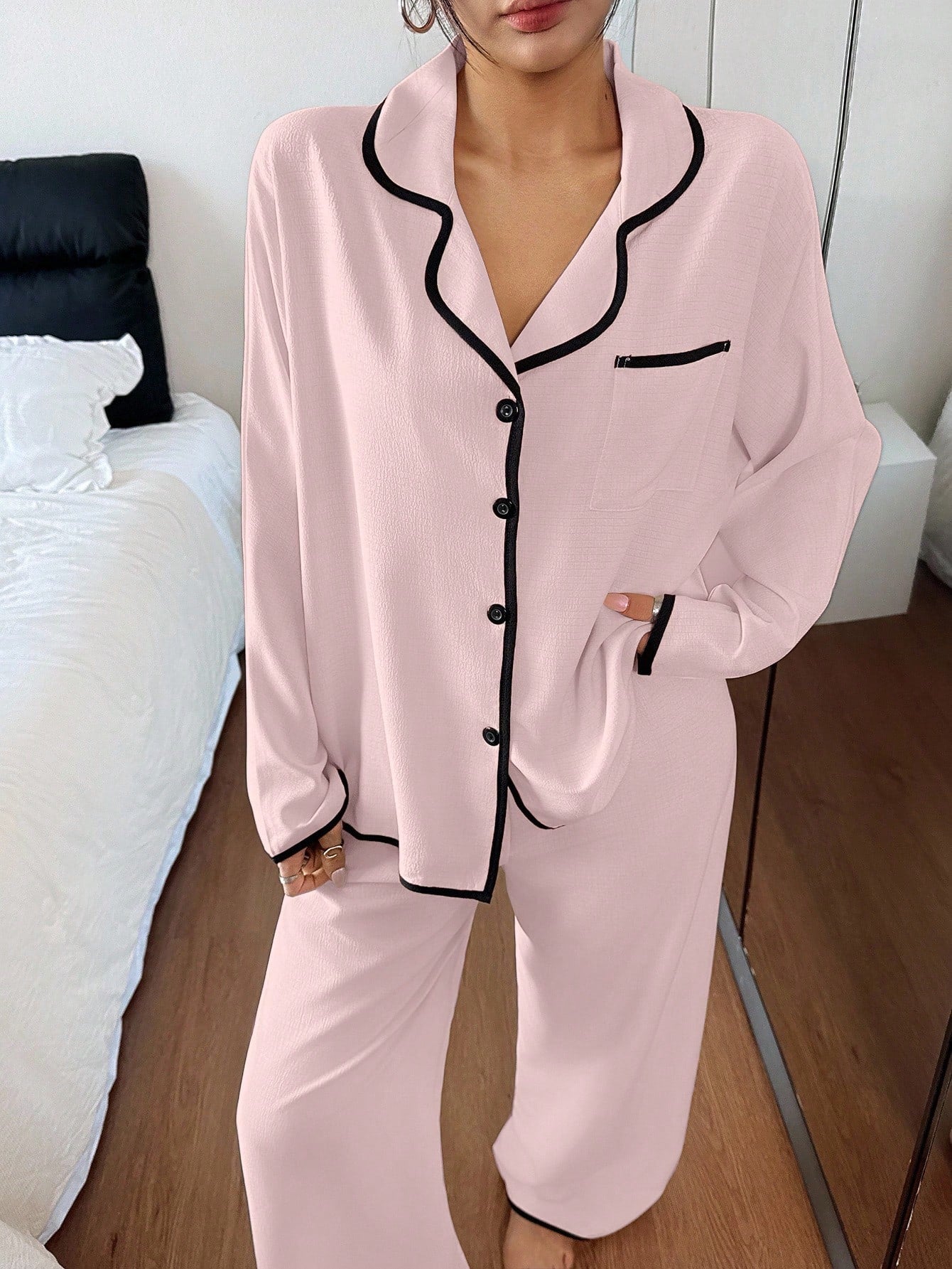 Contrast Trim Lapel Loose Long Sleeve Pajama Set