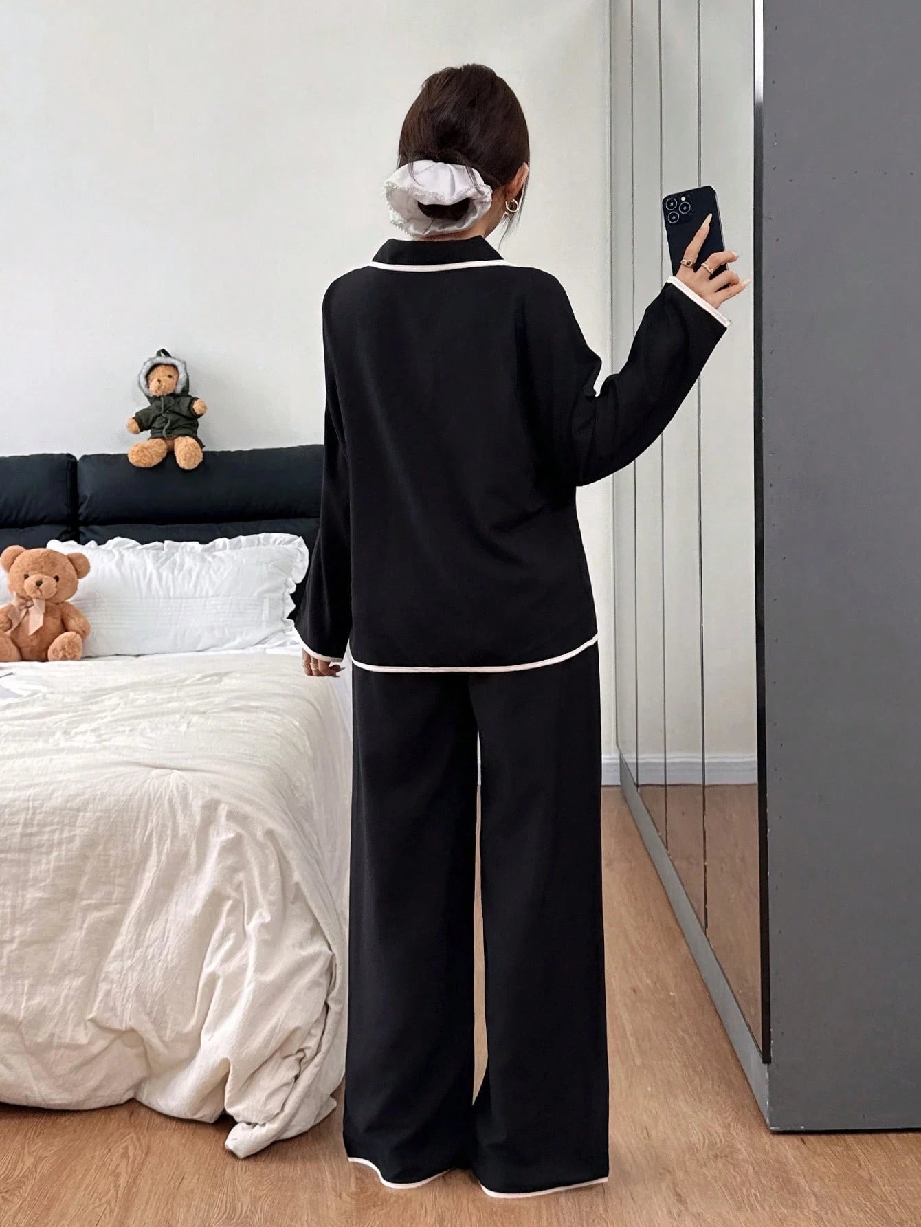 Contrast Trim Lapel Loose Long Sleeve Pajama Set