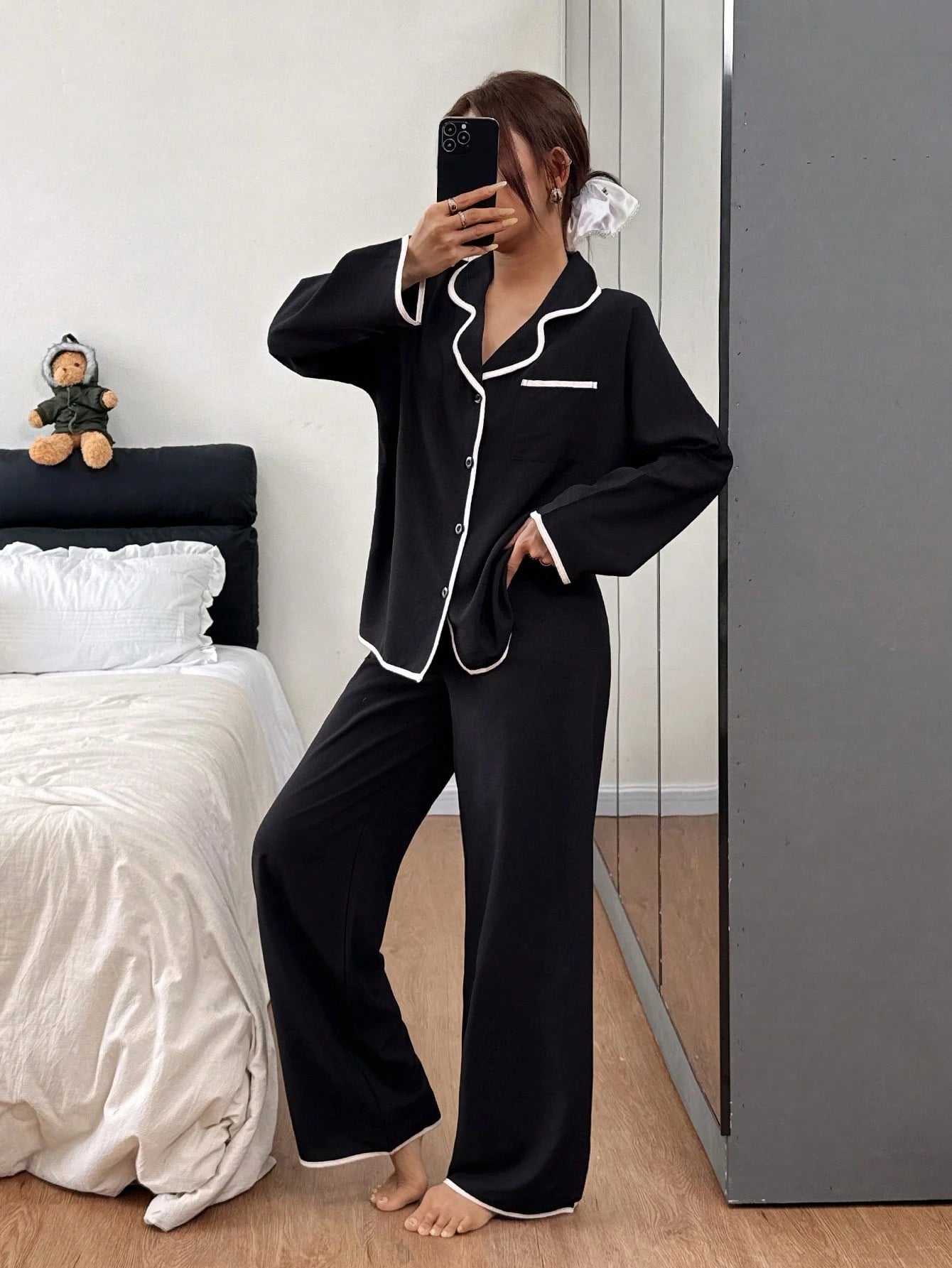 Contrast Trim Lapel Loose Long Sleeve Pajama Set