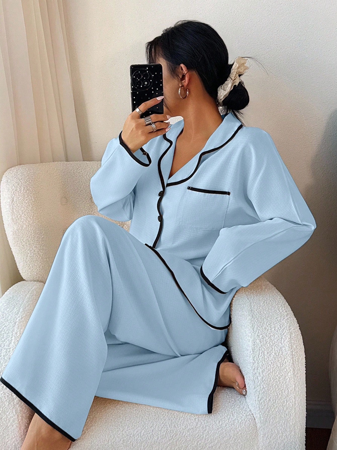 Contrast Trim Lapel Loose Long Sleeve Pajama Set