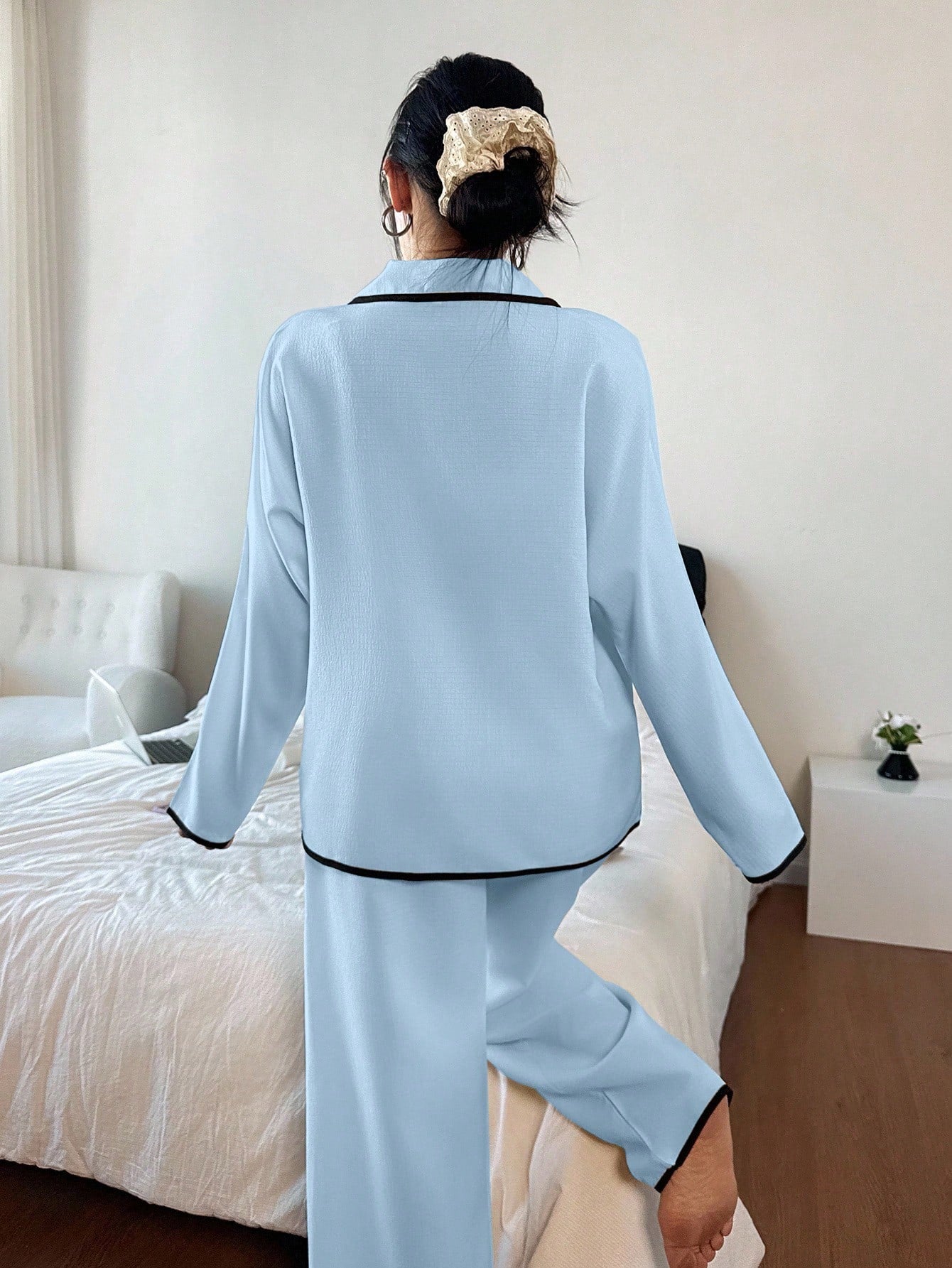 Contrast Trim Lapel Loose Long Sleeve Pajama Set