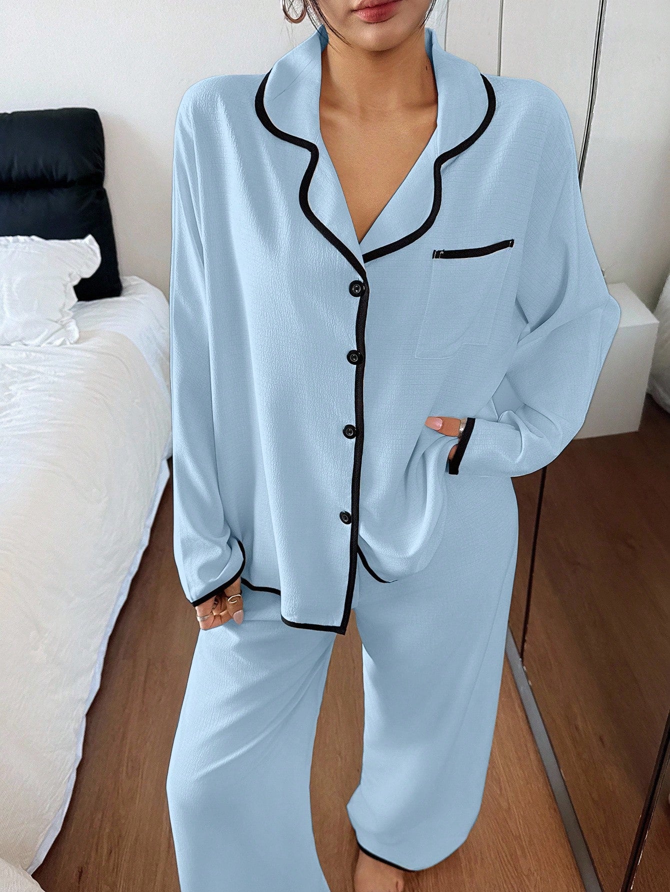 Contrast Trim Lapel Loose Long Sleeve Pajama Set
