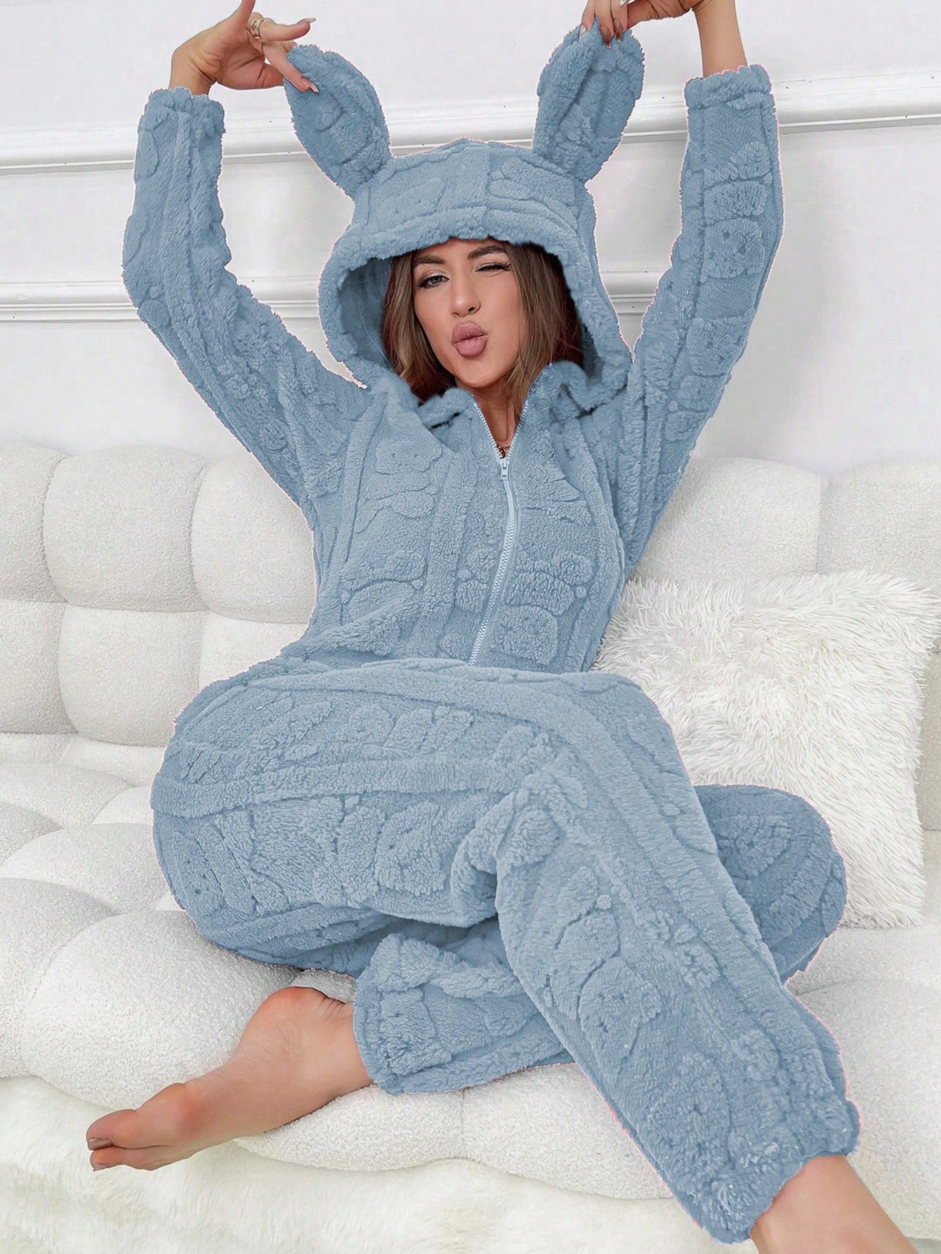 Women's Animal Ear Design Plush Fluffy Jumpsuit