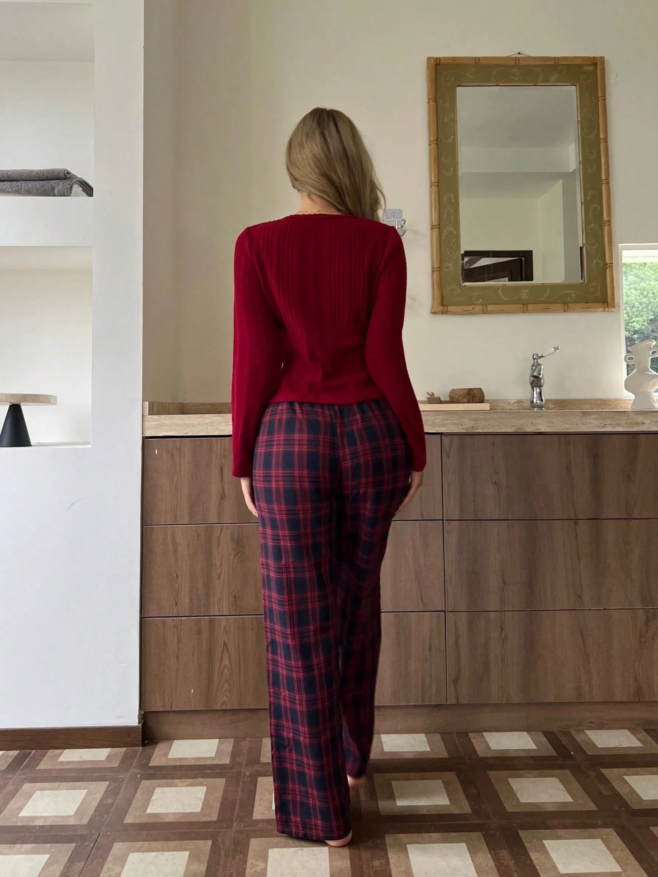 Solid Color Round Neck Half-Zip Fleece Long Sleeve Top And Plaid Print Pants