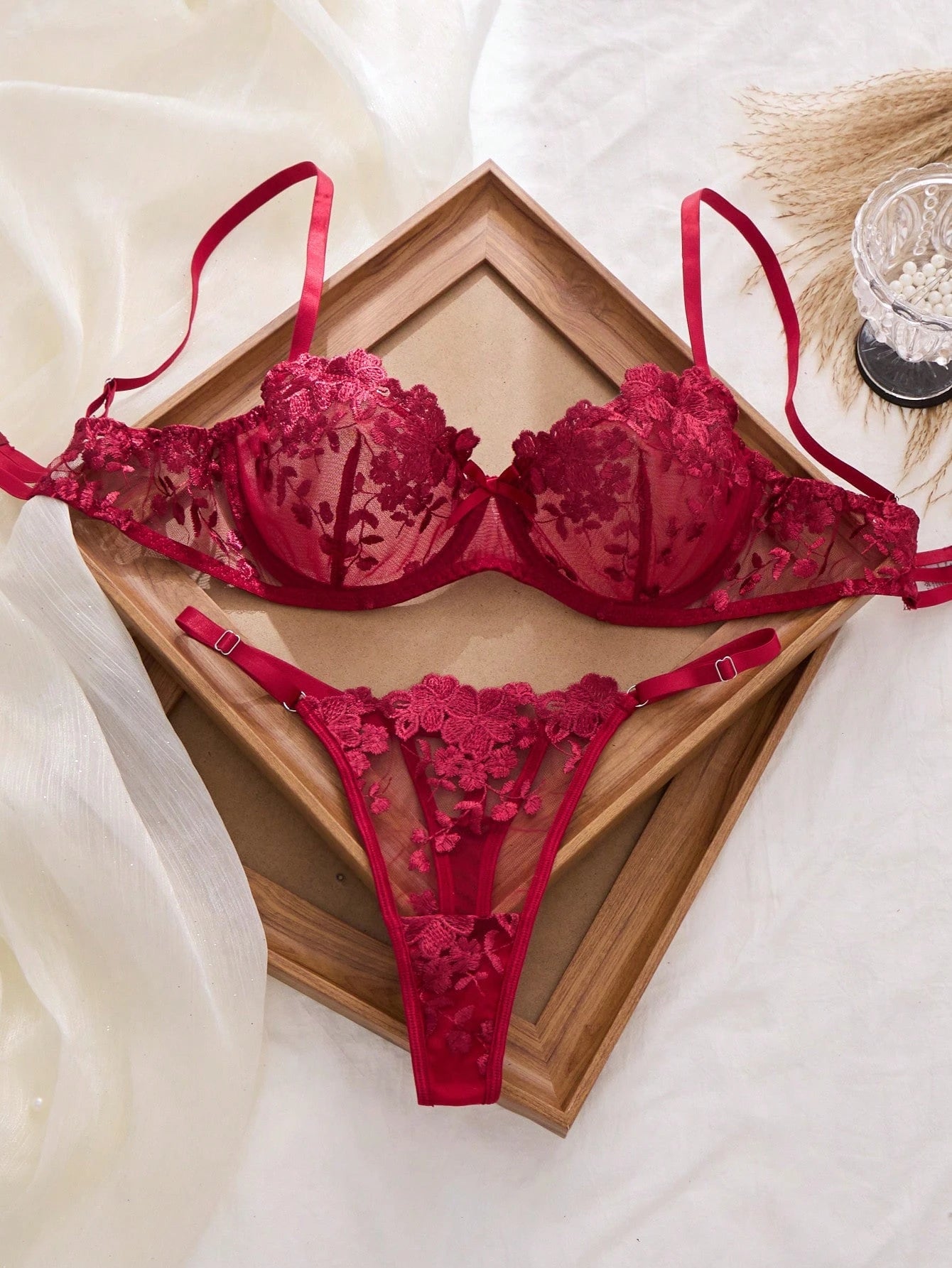 2pcs Mesh Embroidery Women's Lingerie Set Burgundy