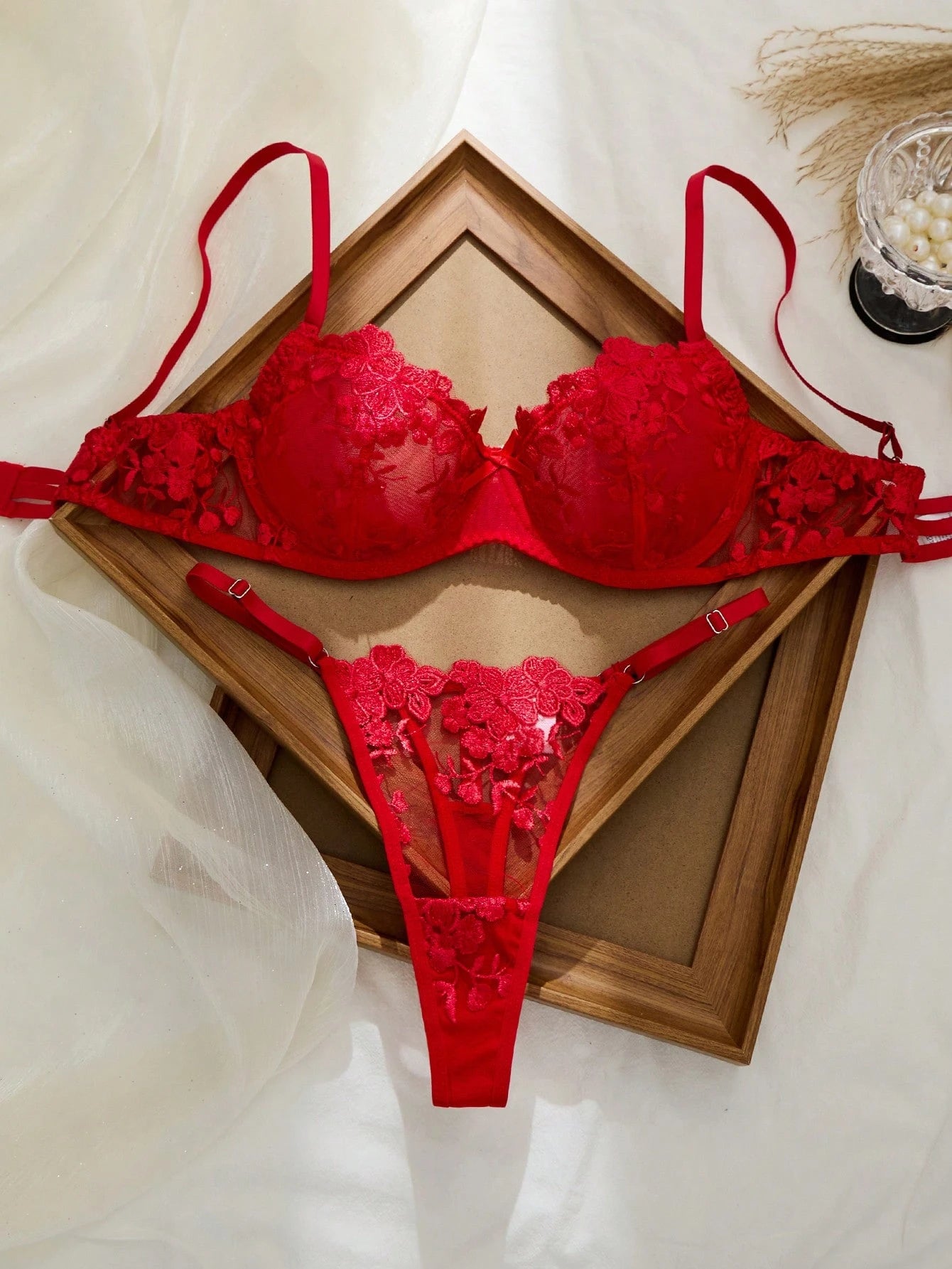 2pcs Mesh Embroidery Women's Lingerie Set Red