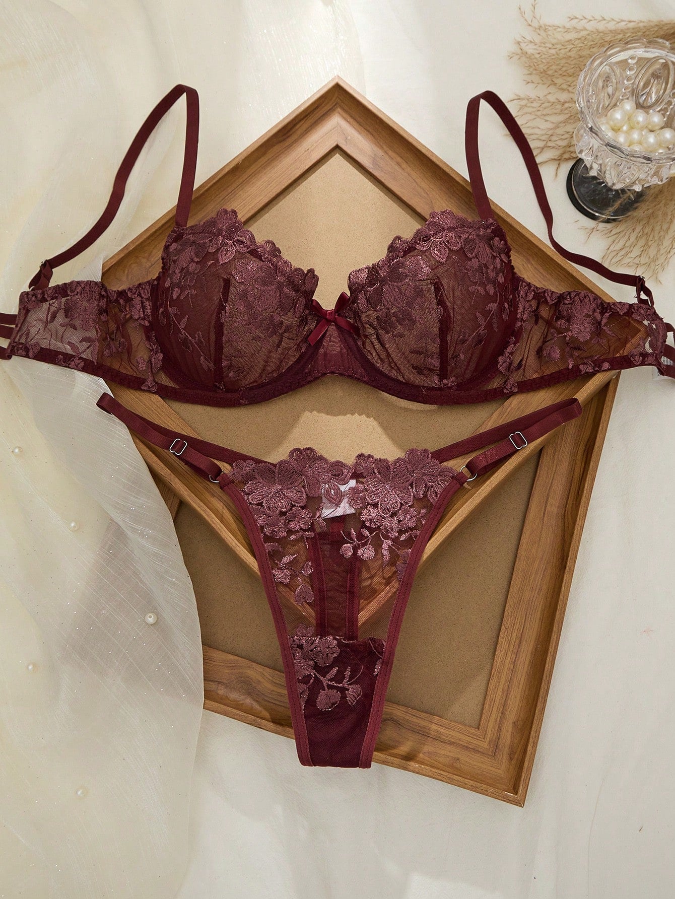 2pcs Mesh Embroidery Women's Lingerie Set