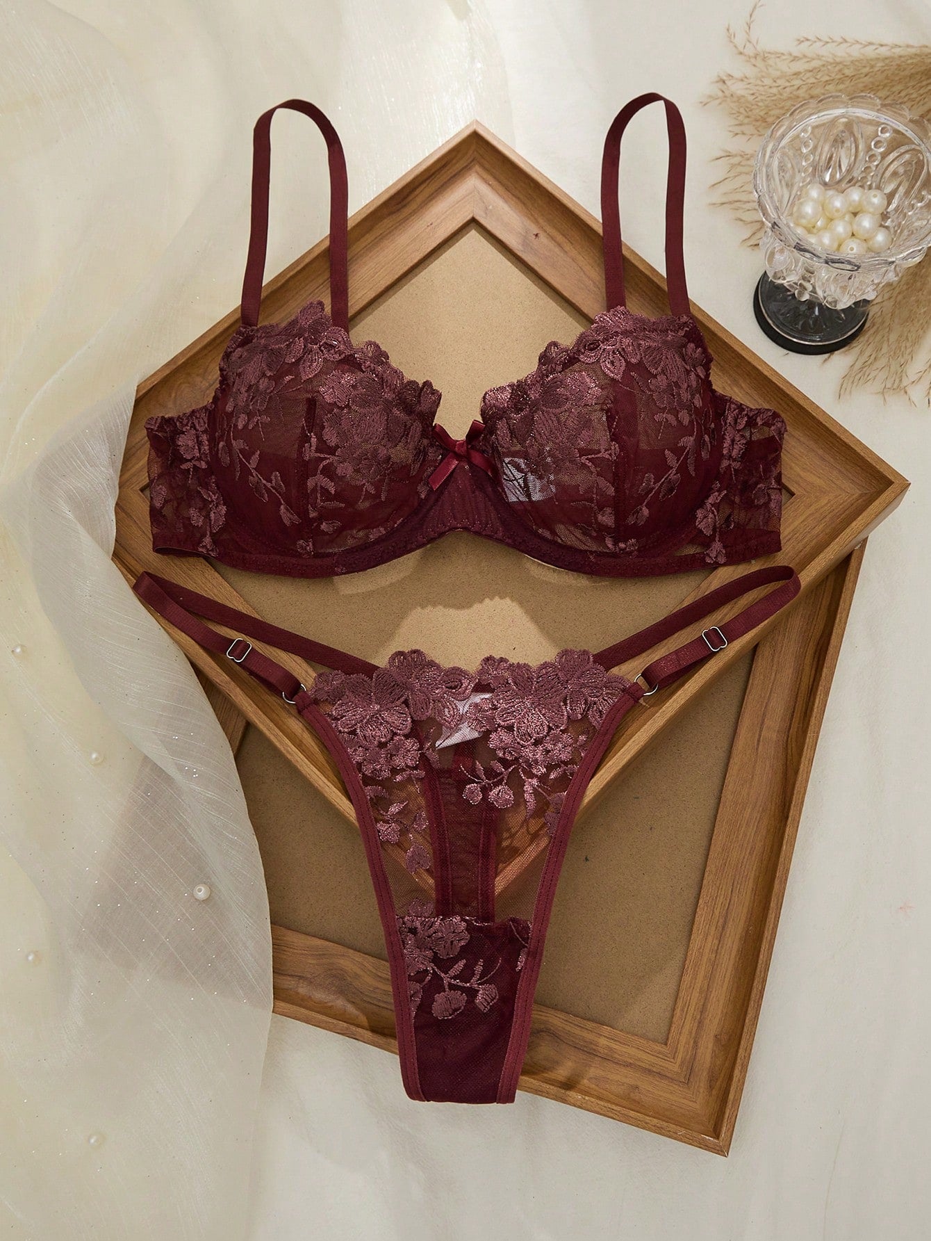 2pcs Mesh Embroidery Women's Lingerie Set Rust Brown