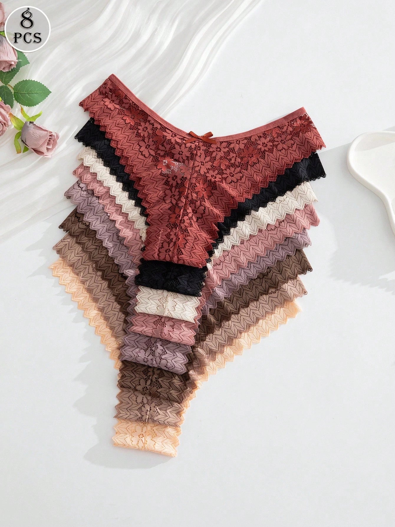 8pcs/Set Romantic Sexy Lace Women's Thong Panties