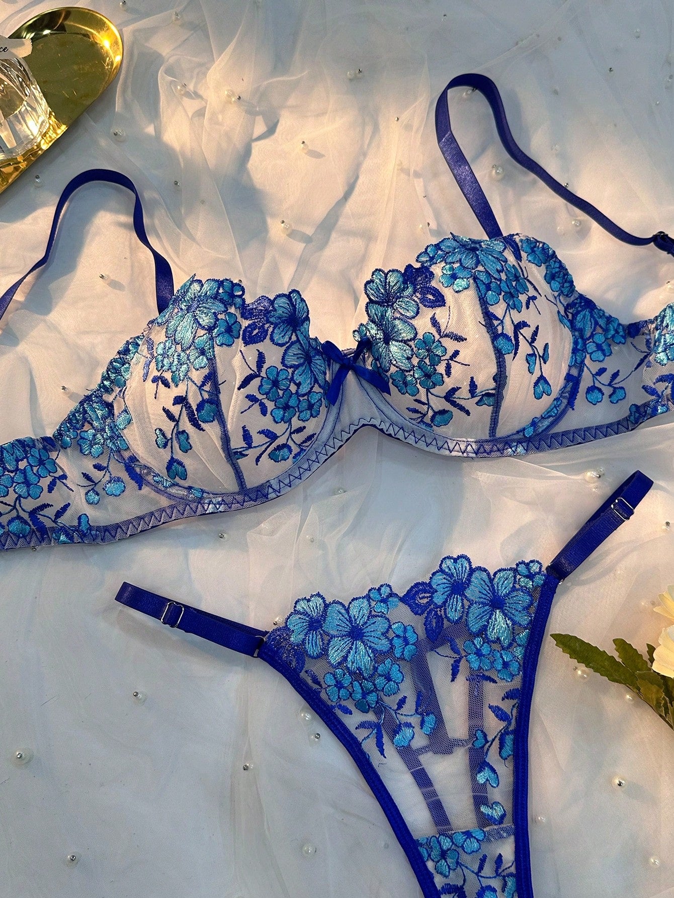 2pcs Mesh Embroidery Women's Lingerie Set Blue
