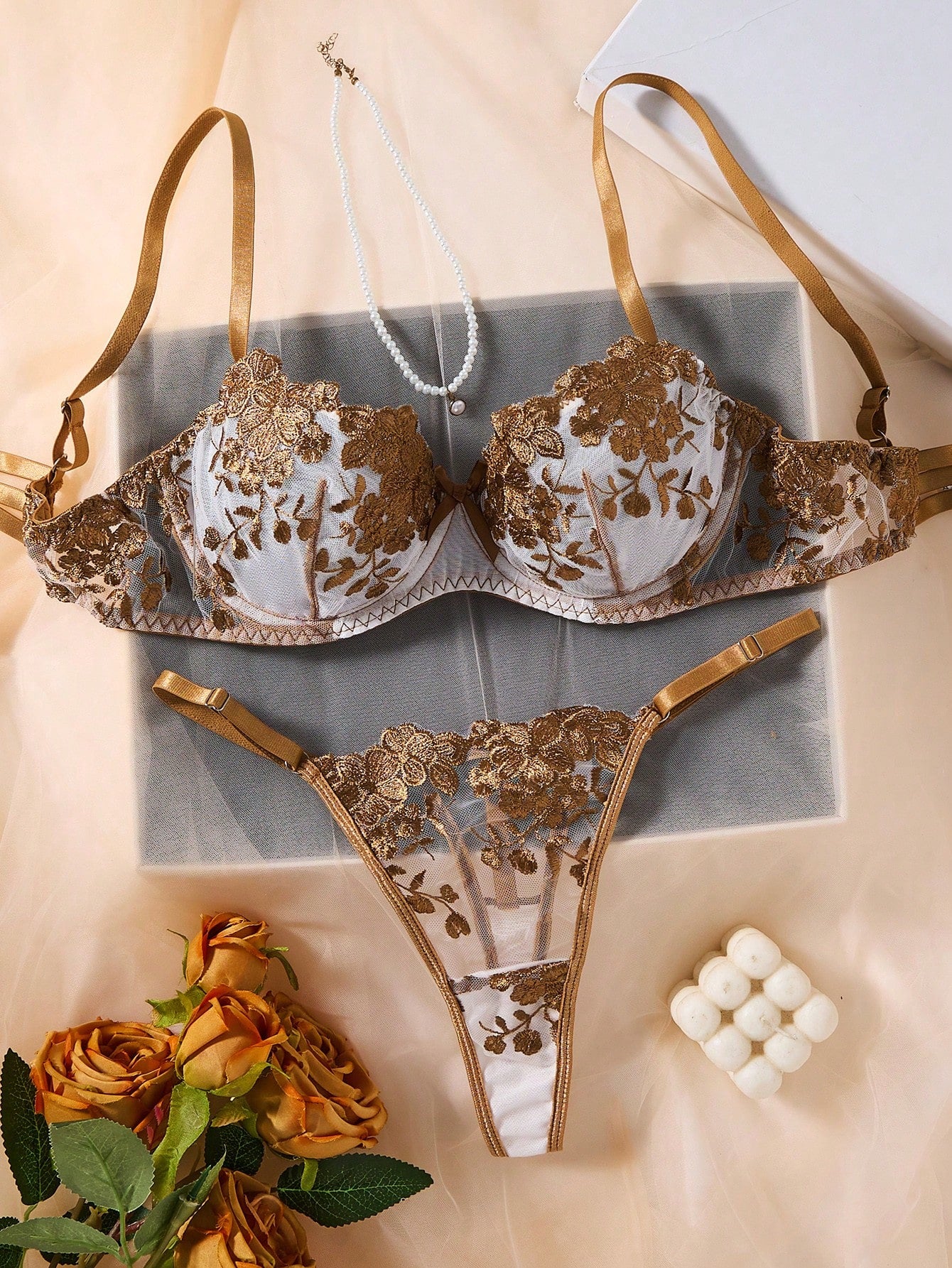 2pcs Mesh Embroidery Women's Lingerie Set Coffee Brown 2