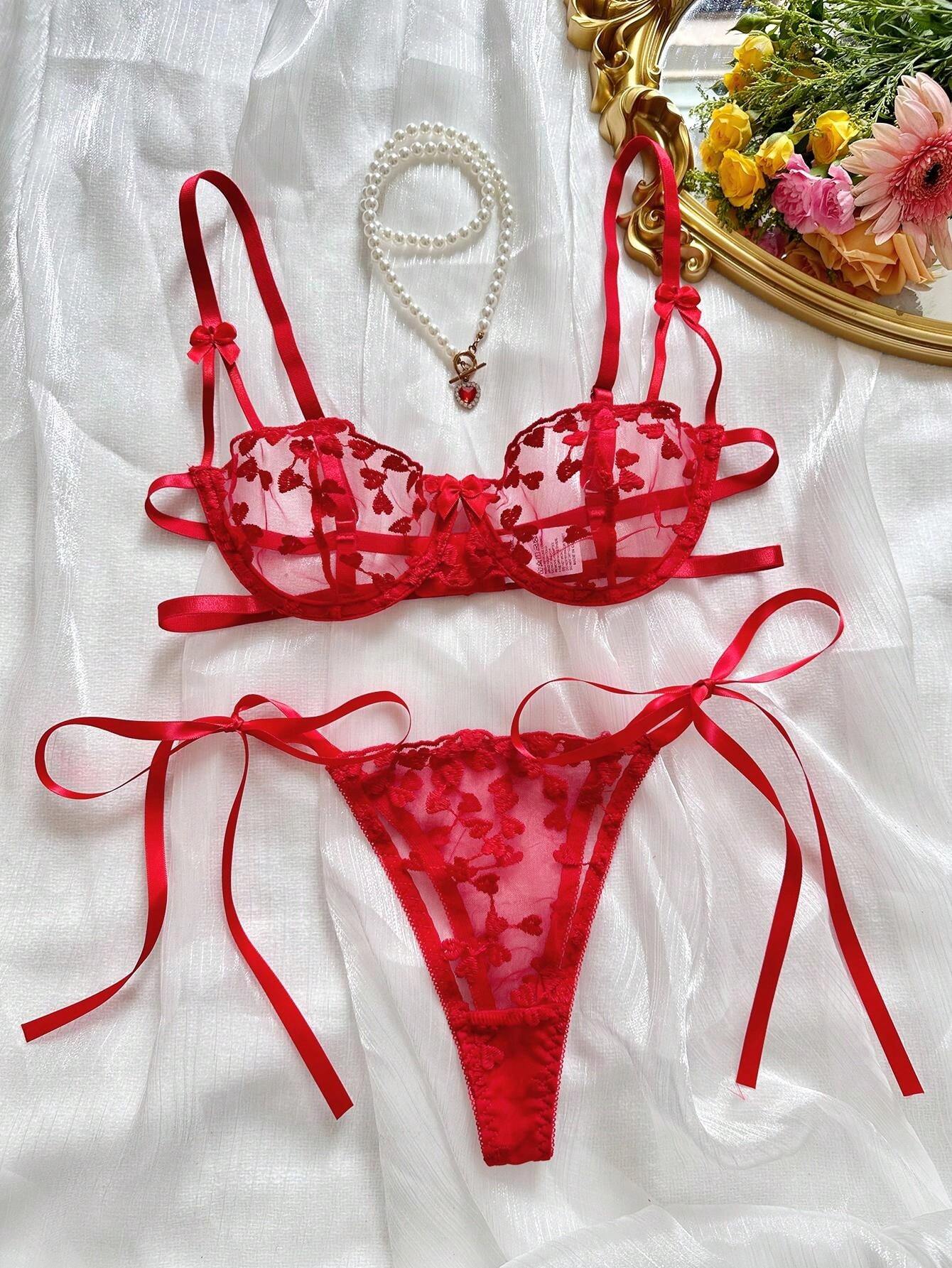 Rose Red Heart Embroidery Sheer Eroticism Bra Set