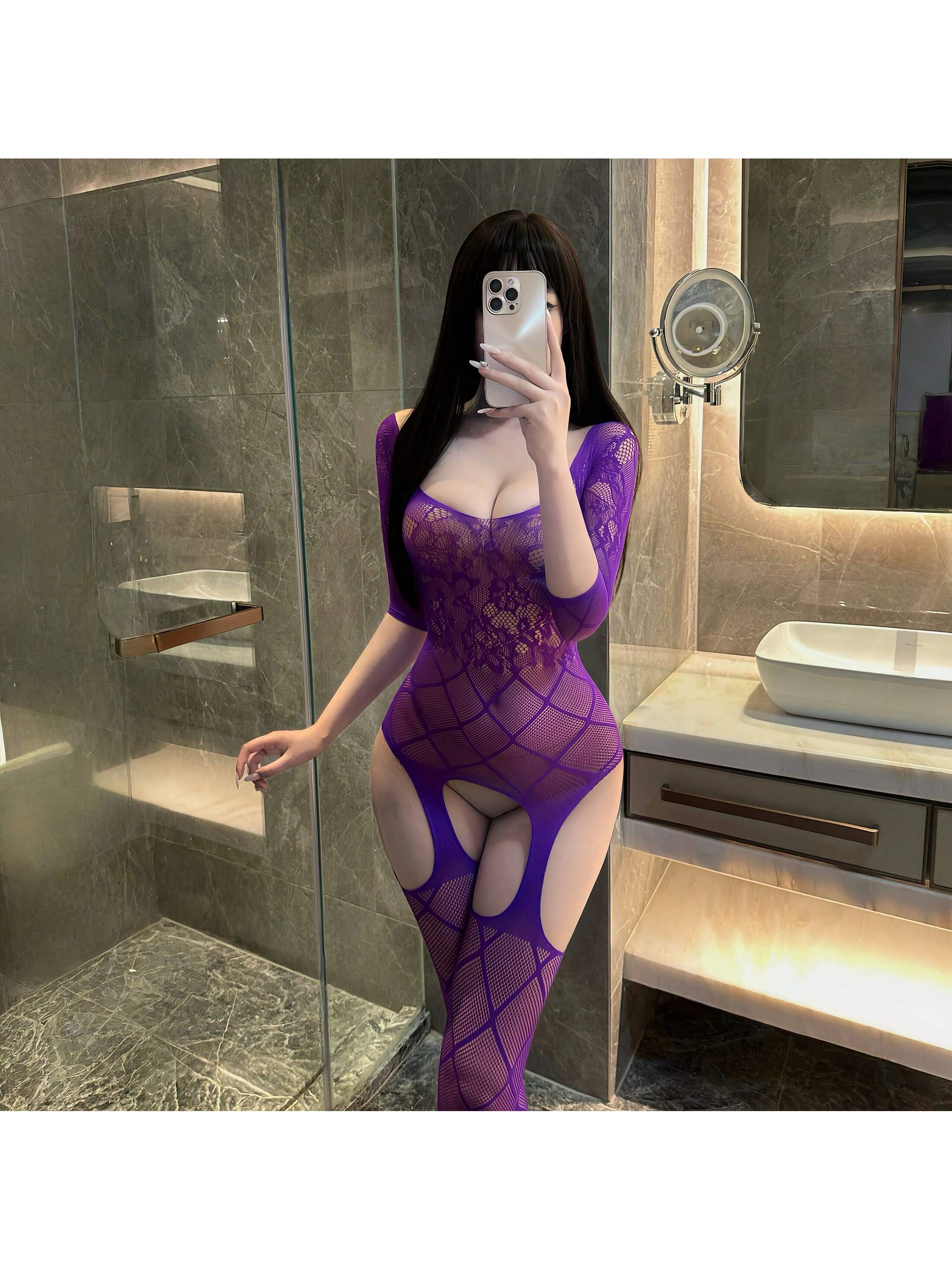 Sexy Lingerie Open Crotch Hollow Out One-Piece Mesh Socks No Need To Take Off Temptation Net Clothes Transparent Silk Stockings