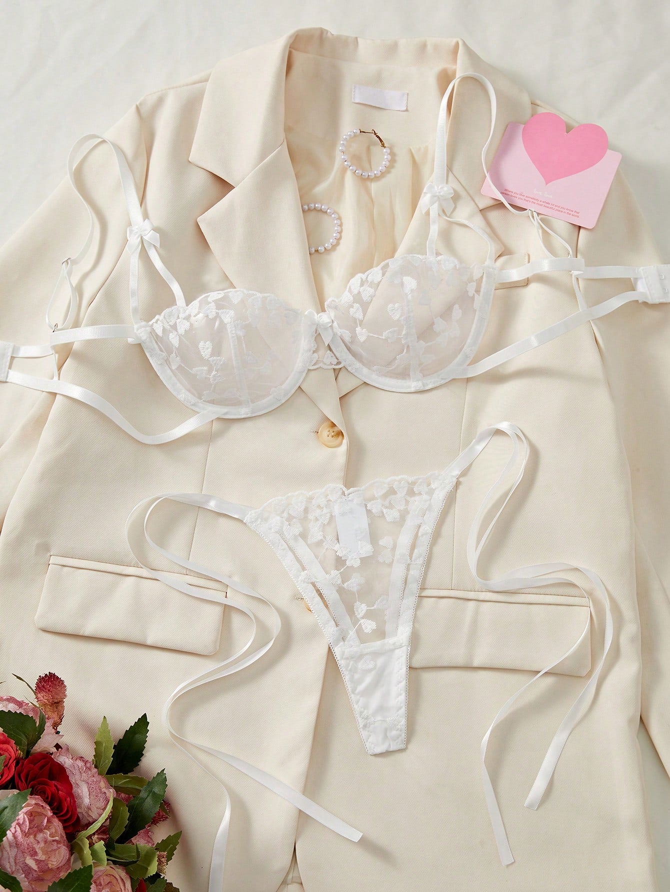 Rose Red Heart Embroidery Sheer Eroticism Bra Set