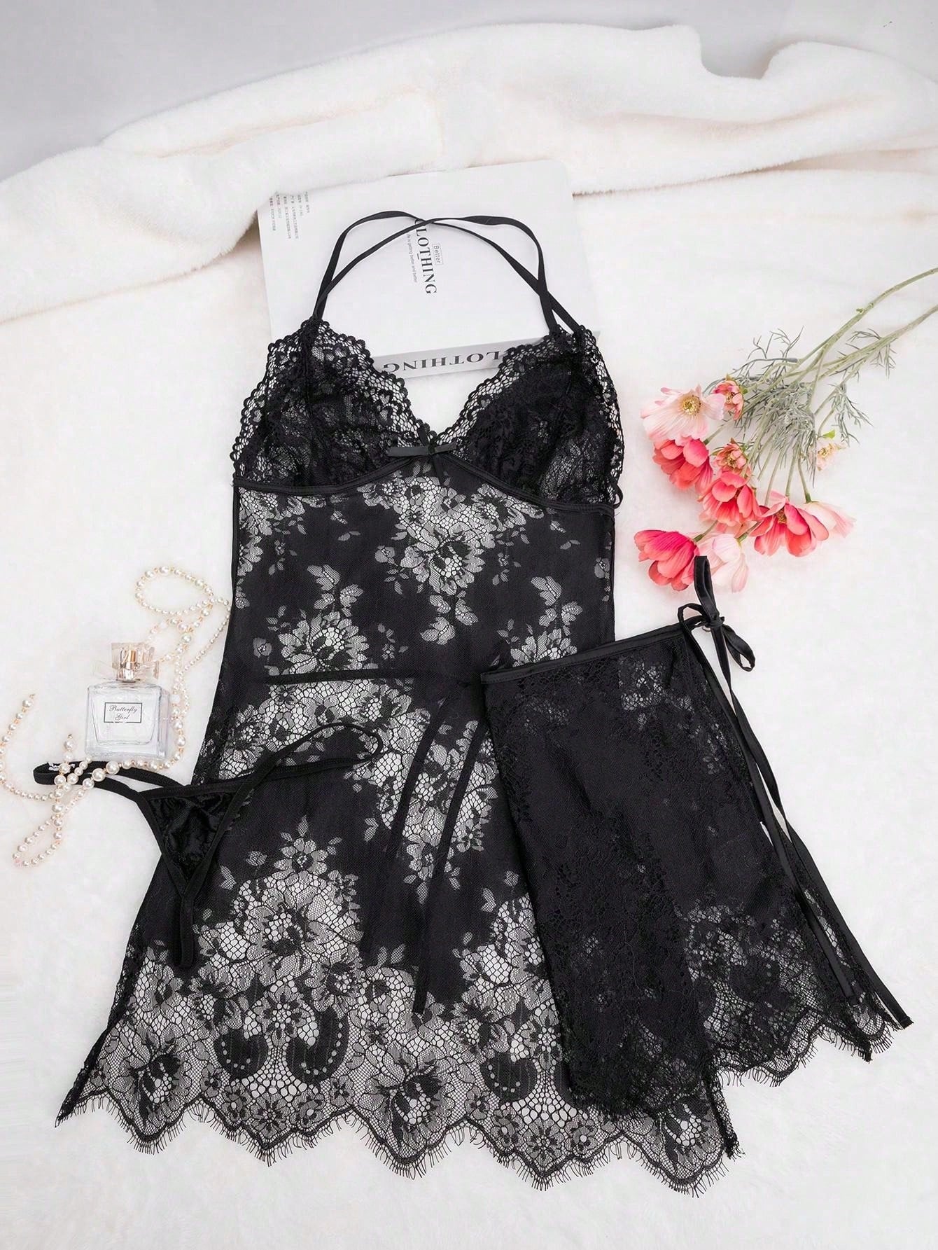 Transparent Lace Nightgown, Two-Piece Set: Dress+Thong