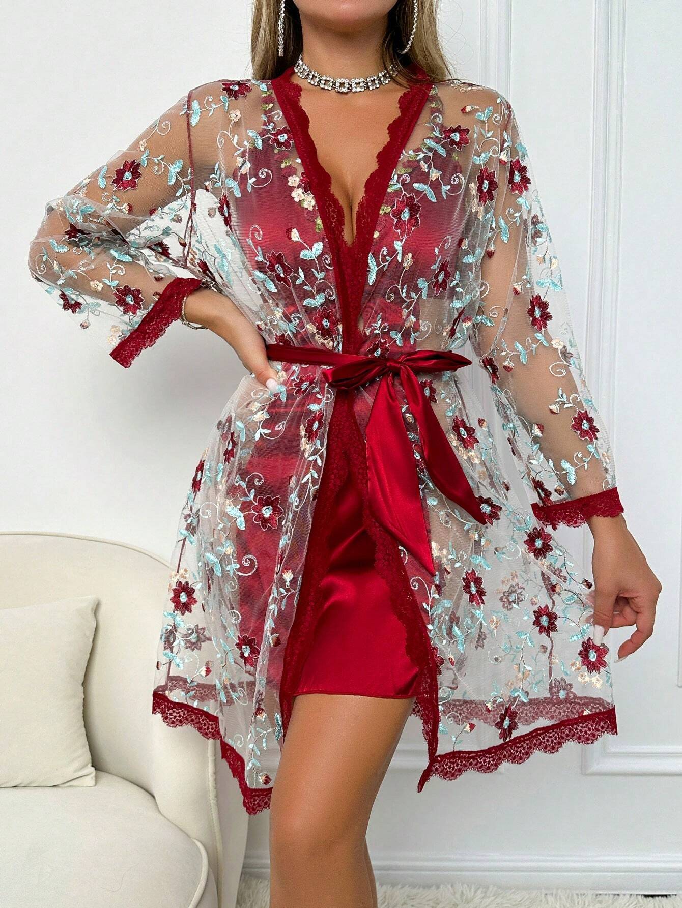 SilkySpell Flower Embroidered Sexy Cami Sleep Dress And Belted Robe