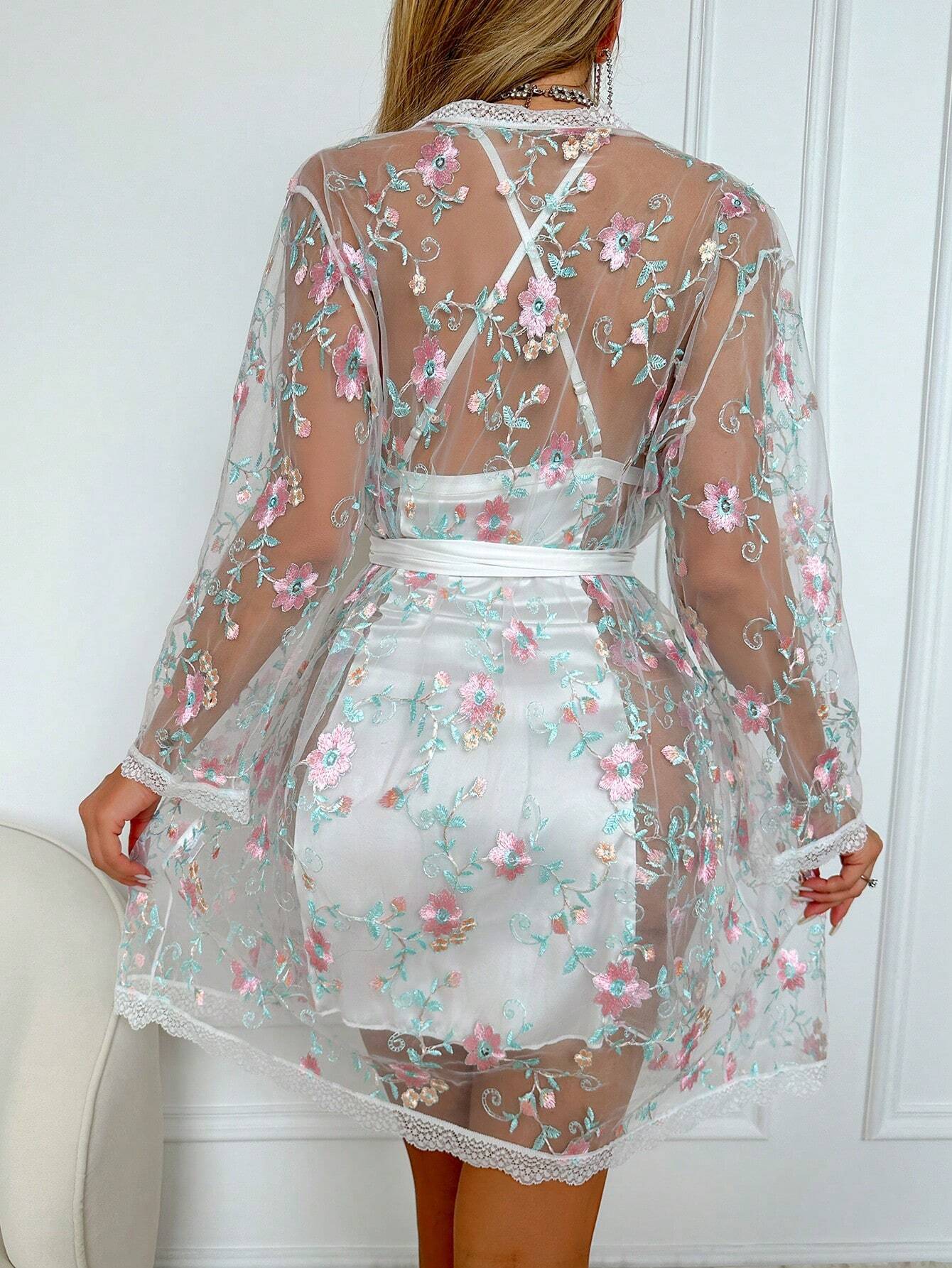 SilkySpell Flower Embroidered Sexy Cami Sleep Dress And Belted Robe