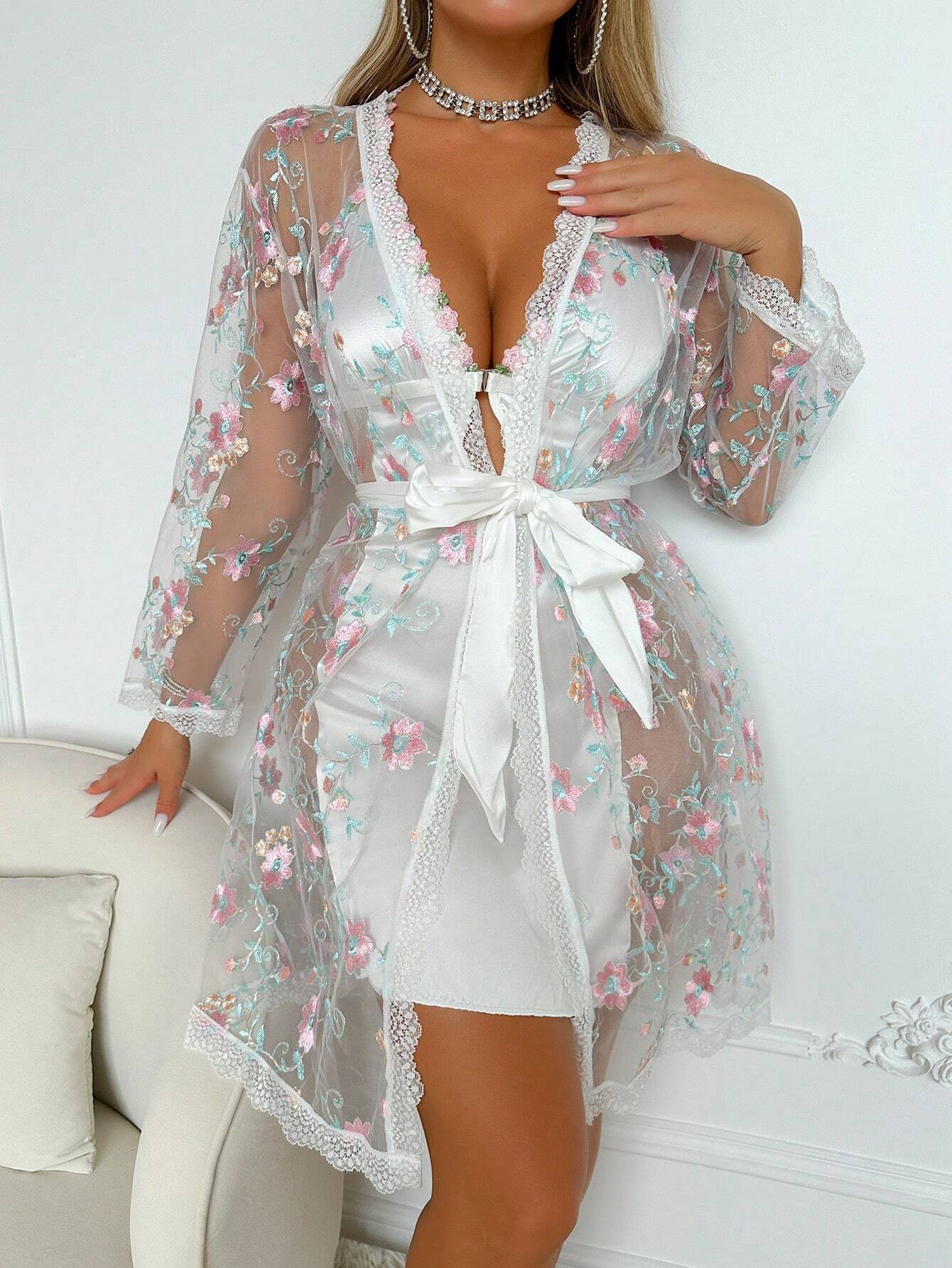 SilkySpell Flower Embroidered Sexy Cami Sleep Dress And Belted Robe