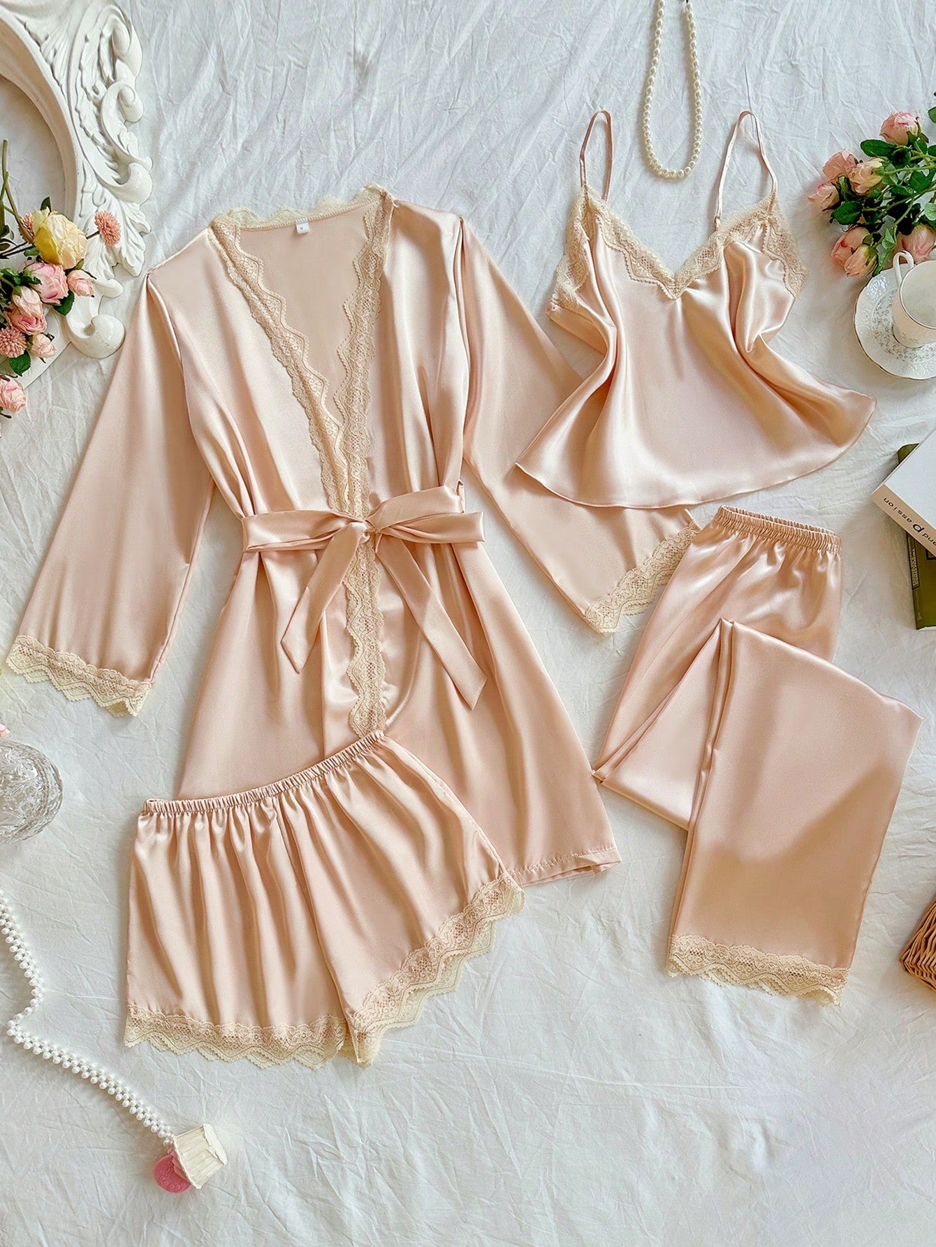 4pcs Lace Patchwork Faux Silk Camisole, Shorts, Pants & Robe Set