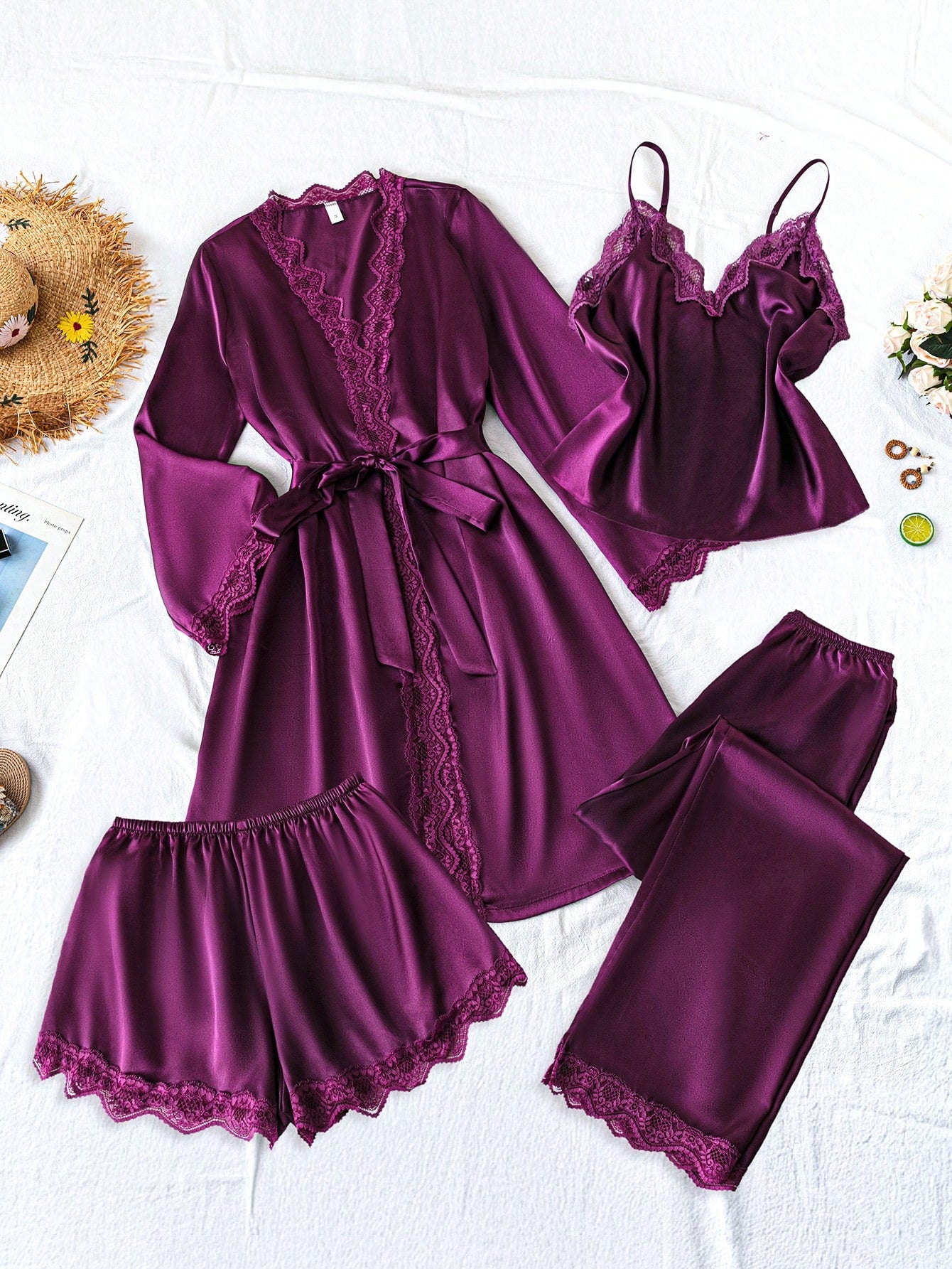 4pcs Lace Patchwork Faux Silk Camisole, Shorts, Pants & Robe Set
