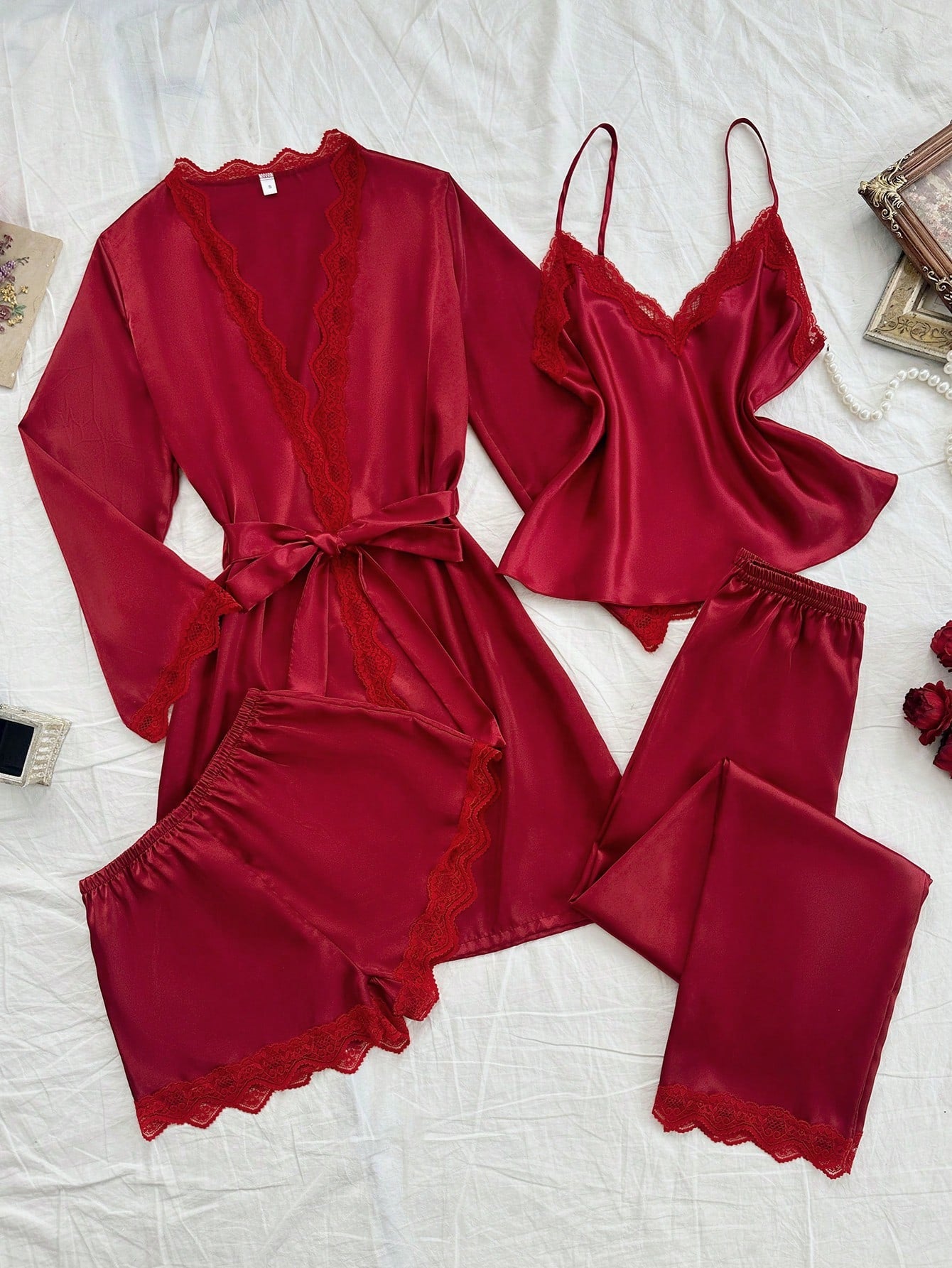 4pcs Lace Patchwork Silk Imitation Set Of Cami Top & Shorts, Pants, And Robe, Pajama Set
