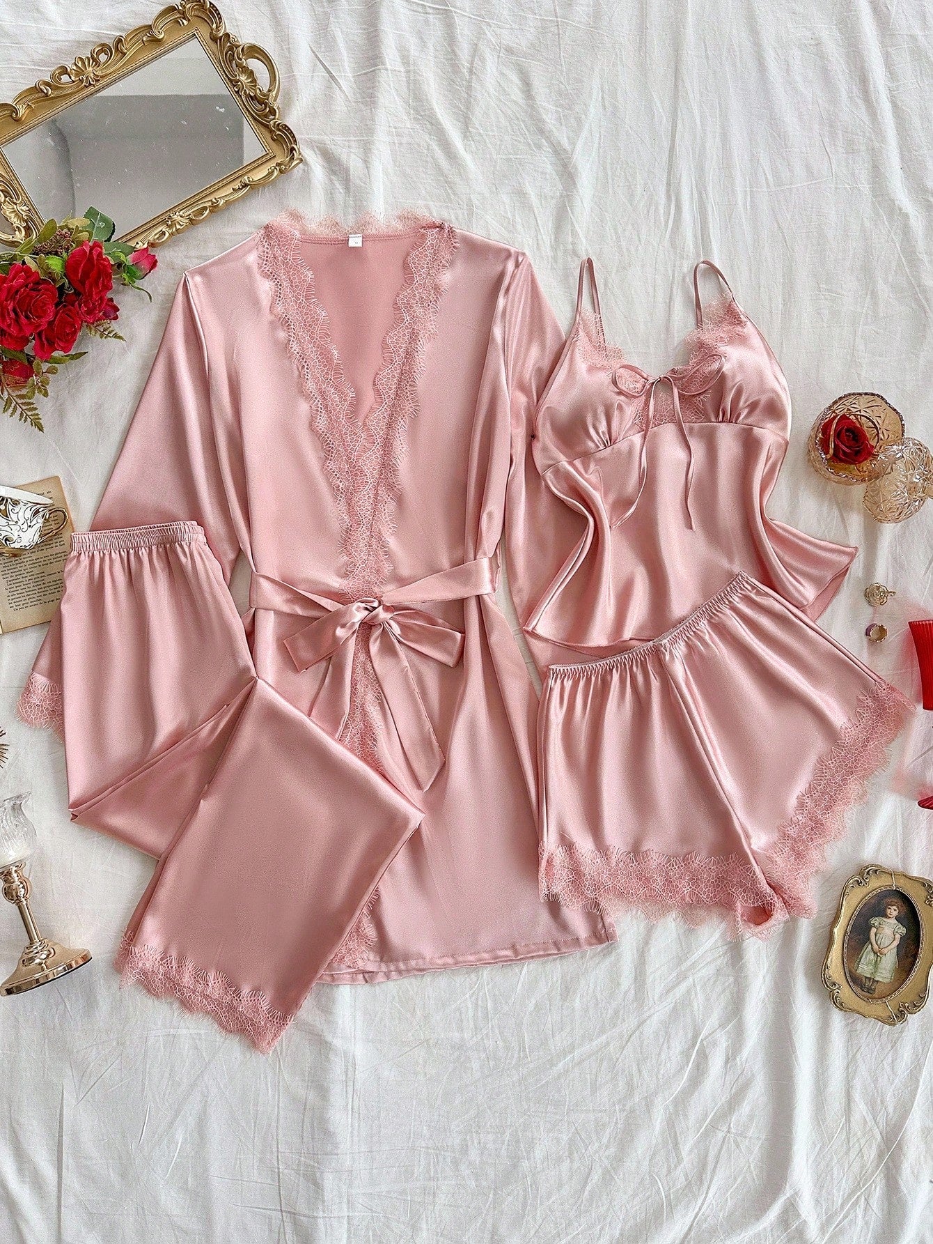 4pcs Women Sexy Lace Camisole Top , Floral Trim Shorts, Pants & Silky Belted Robe Pink