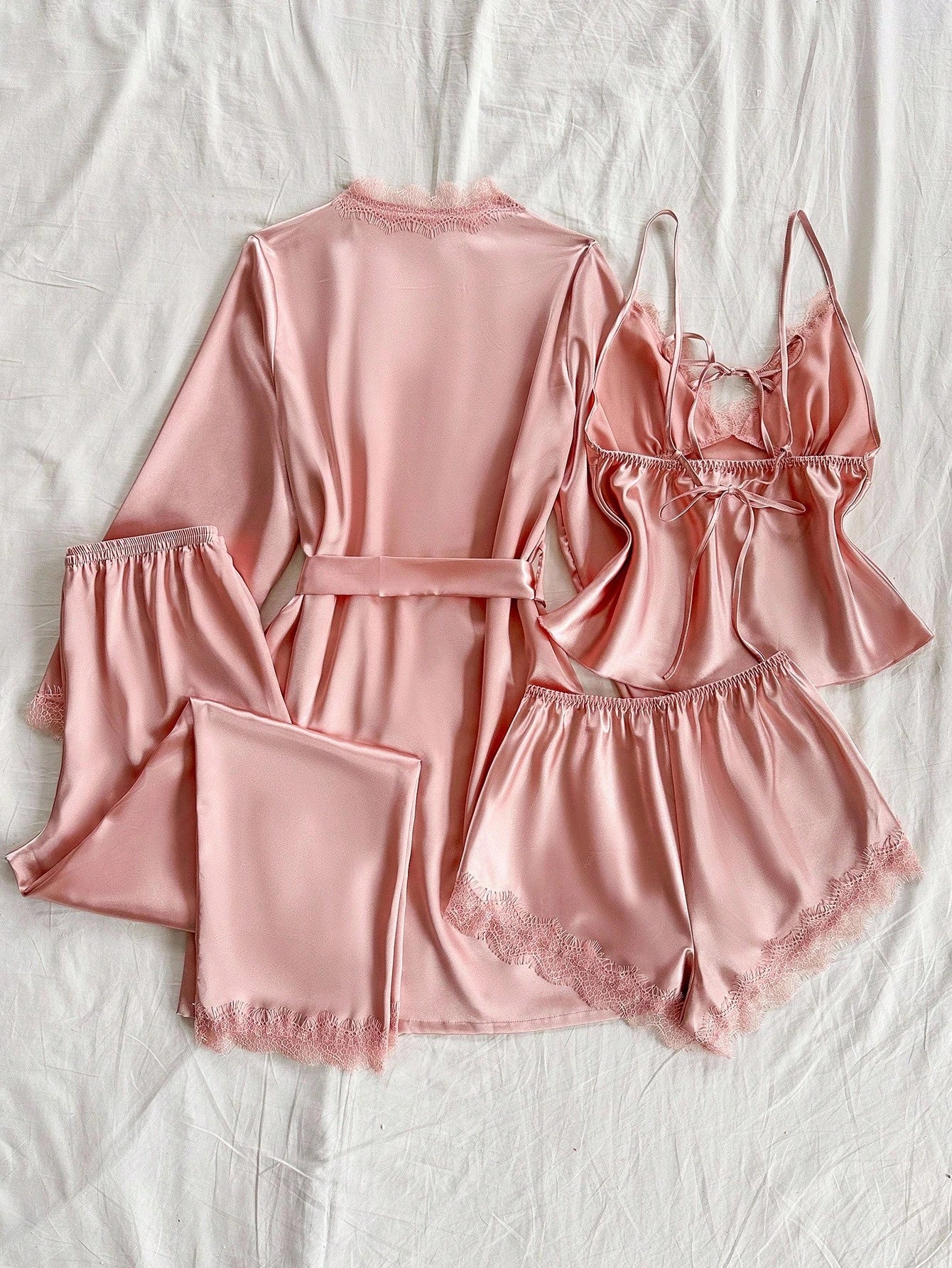 4pcs Women Sexy Lace Camisole Top , Floral Trim Shorts, Pants & Silky Belted Robe
