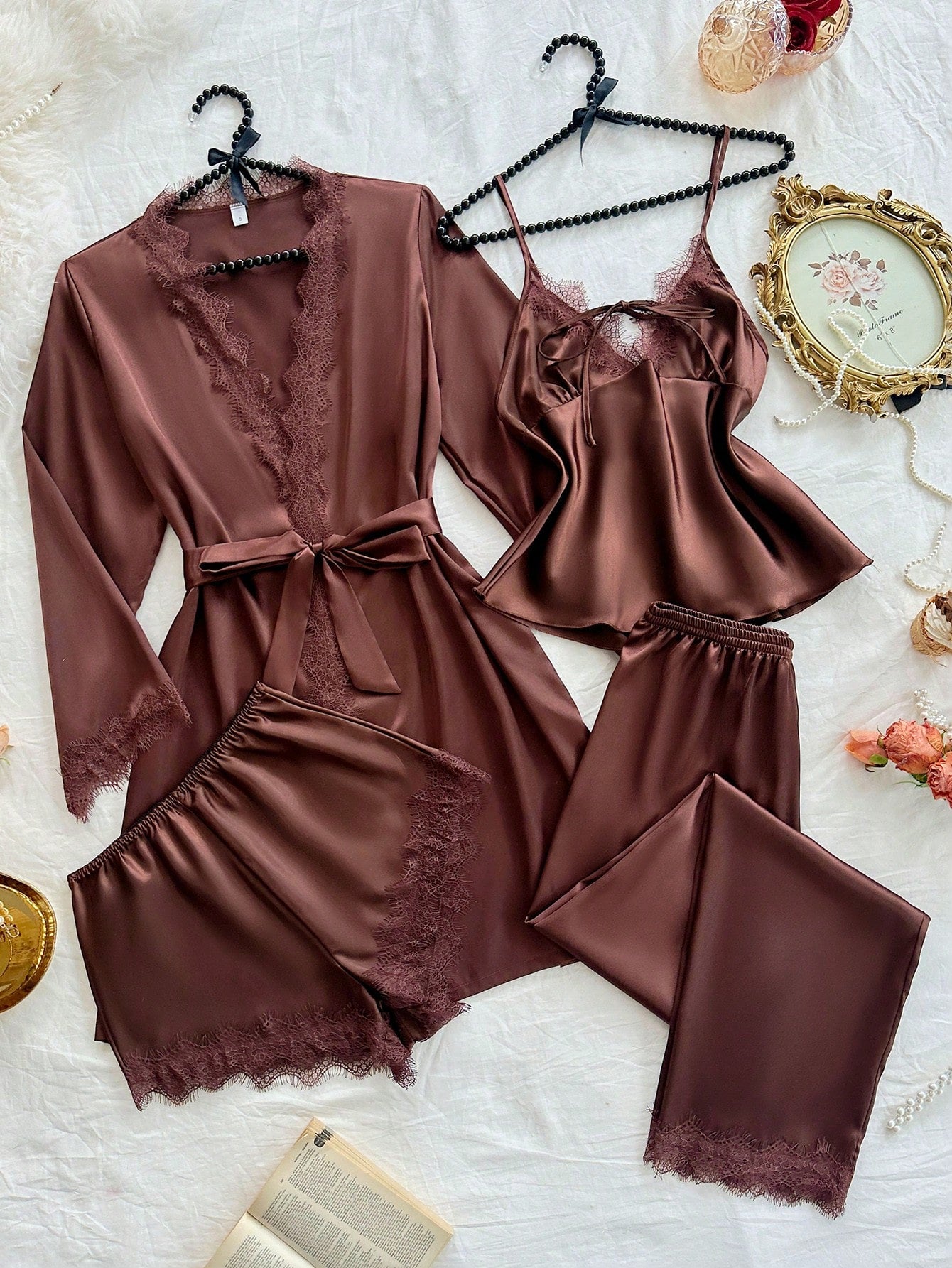 Women Sexy Lace Camisole, Floral Trim Shorts, Pants & Silky Robe Sleepwear Set