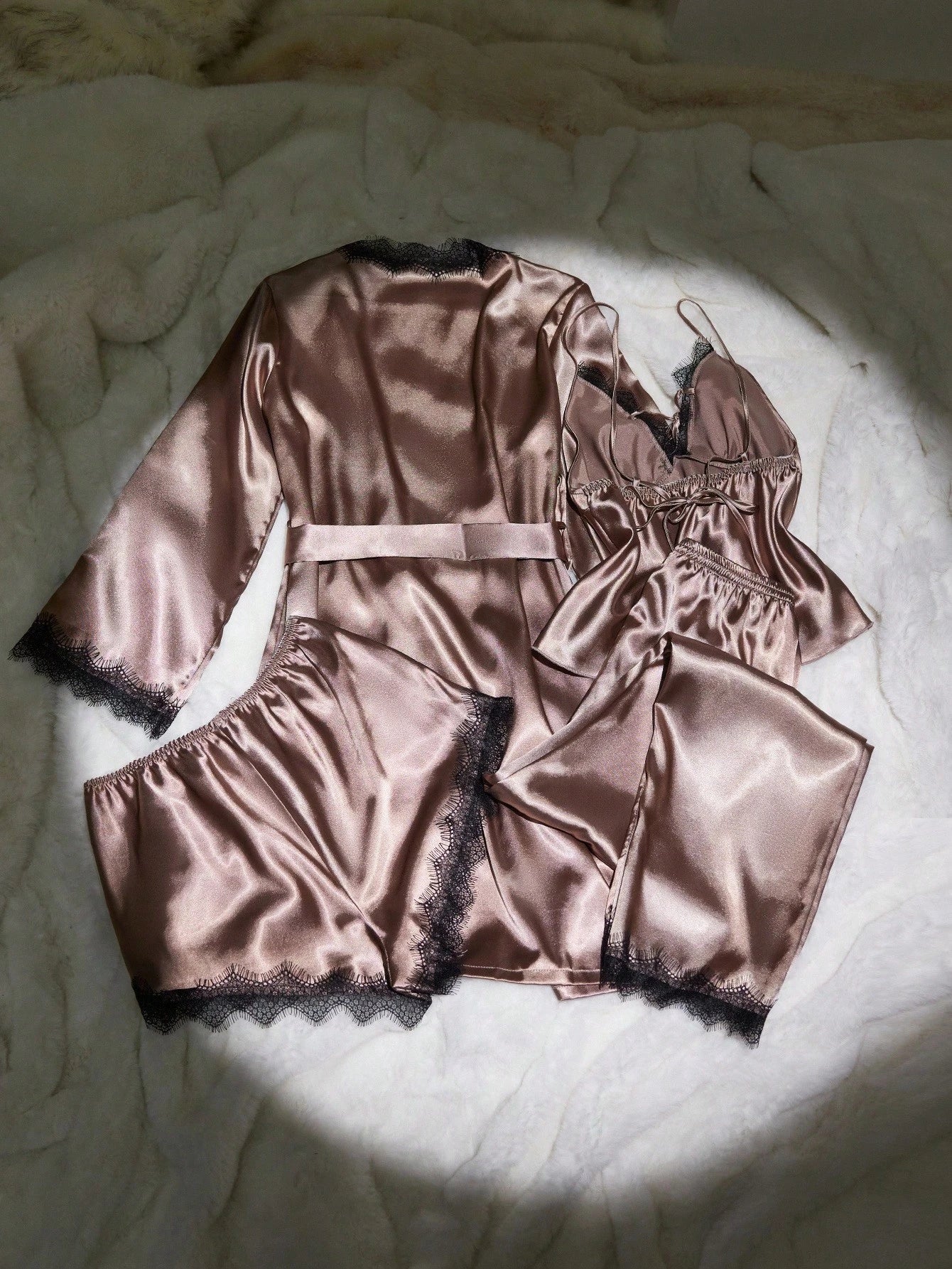 4pcs Women Sexy Lace Camisole Top , Floral Trim Shorts, Pants & Silky Belted Robe